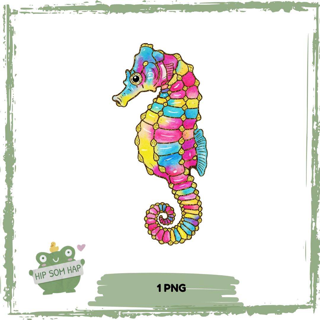 Seepferdchen in Regenbogenfarben – Bügelbild mit Glittereffekt (1 PNG) - Sewando