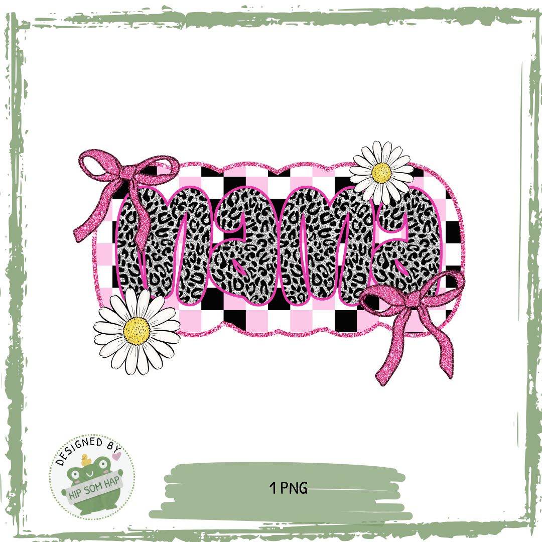 Bügelbild Mama – Leoprint mit Gänseblümchen & Glitzerschleifen (PNG) - Sewando
