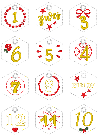 Stickdatei - 6-Eck Zahlenanhänger 1-25 für Adventskalender - Sewando