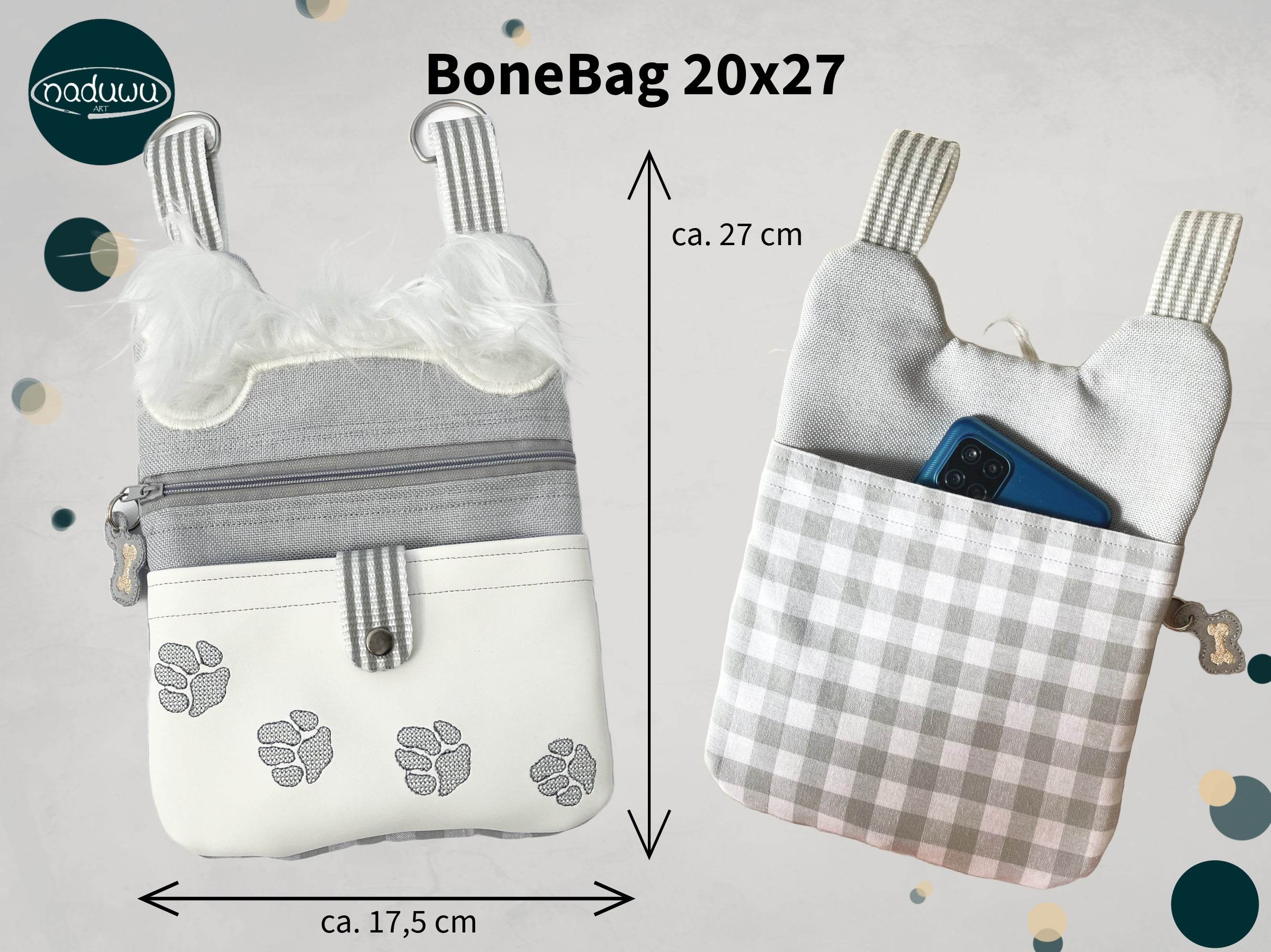 ITH Stickdatei Reißverschlusstasche 20x27 Bonebag, Pfotenstickerei und Knochenapplikation - Sewando