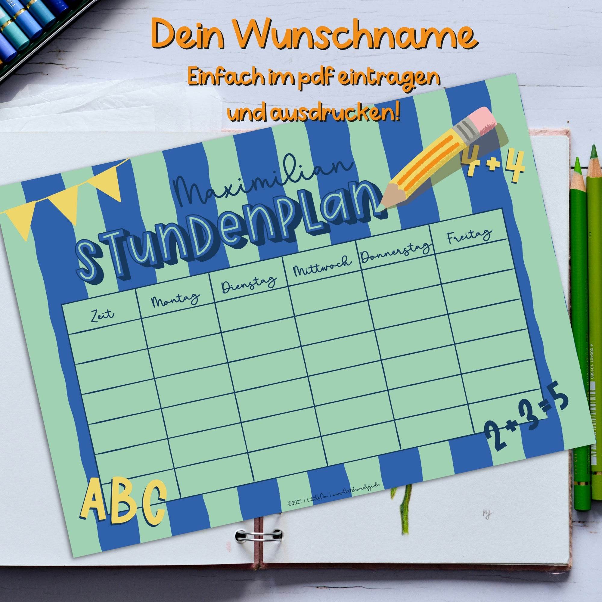 Stundenplan mit eigenem Namen - blau - Printable - Sewando