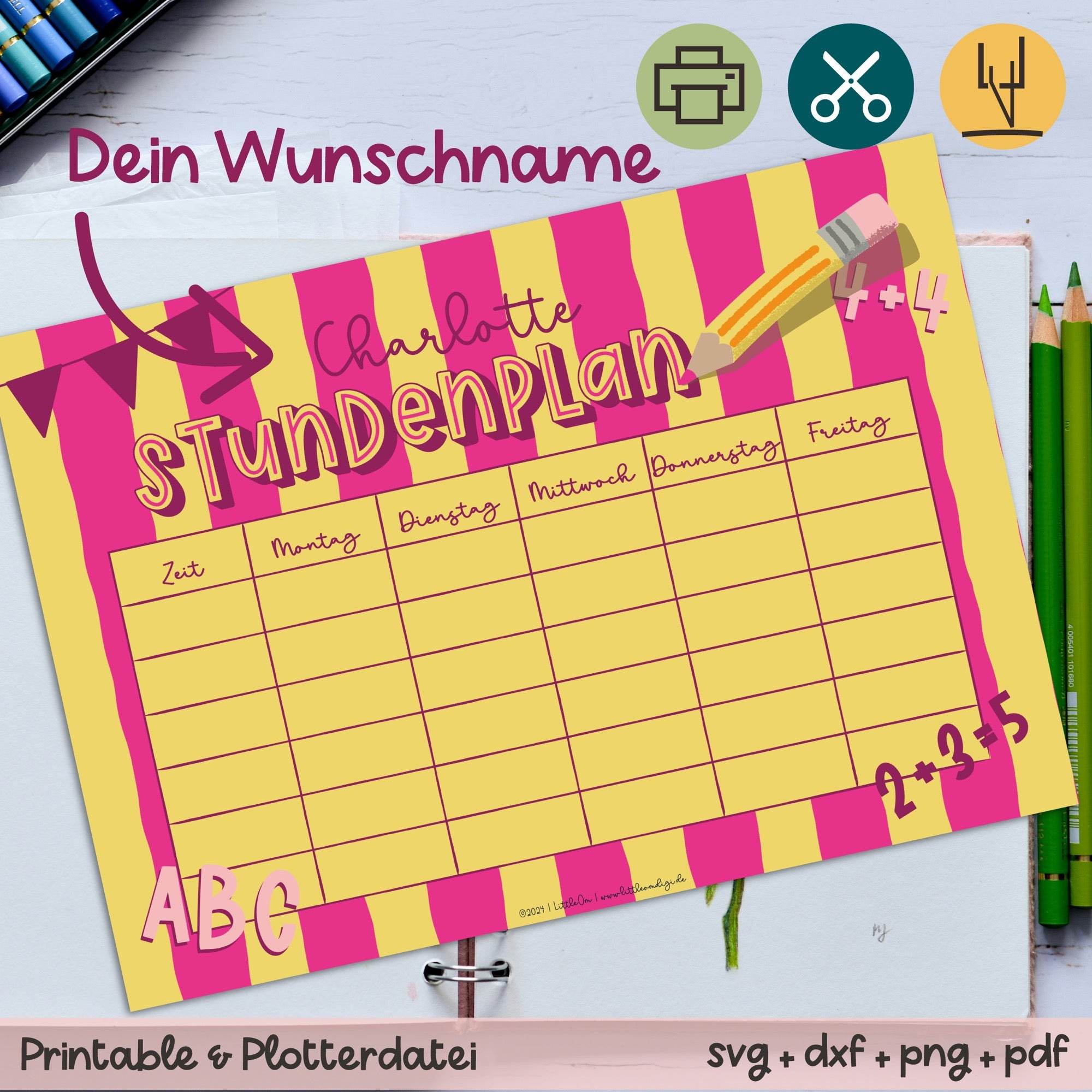 Stundenplan mit eigenem Namen - gelb / pink - Printable - Sewando