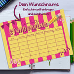 Stundenplan mit eigenem Namen - gelb / pink - Printable - Sewando