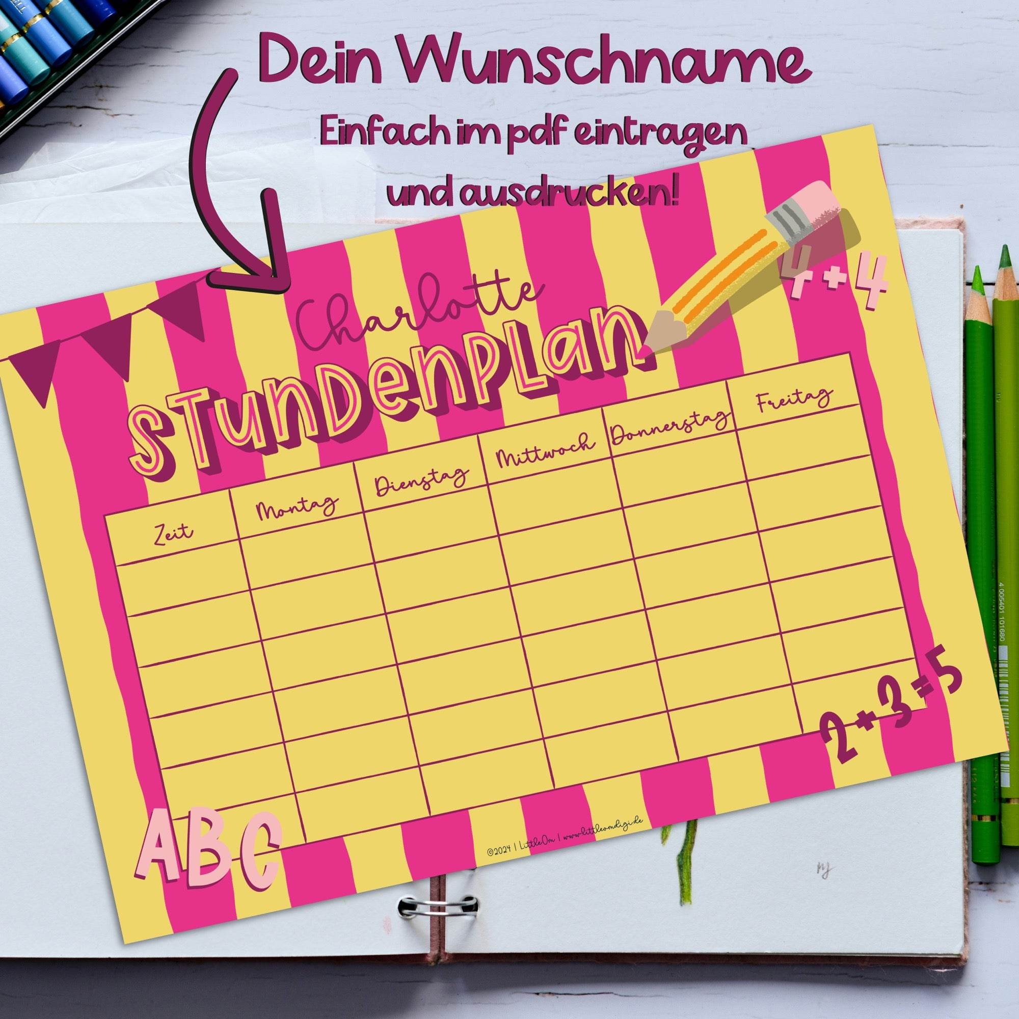Stundenplan mit eigenem Namen - gelb / pink - Printable - Sewando