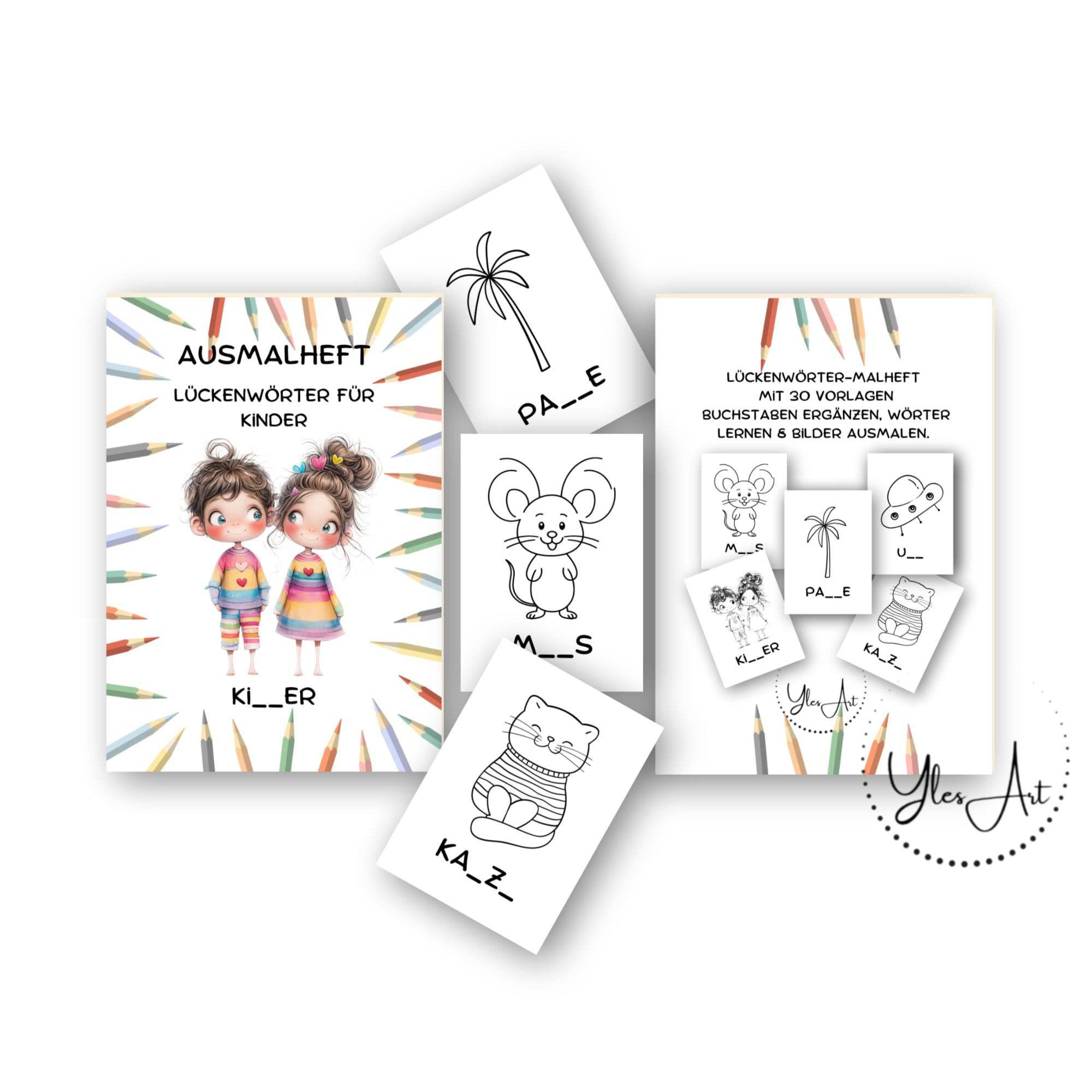 Lückenwörter-Malheft/Malvorlagen – 30 kreative Vorlagen zum Lernen & Ausmalen - Sewando