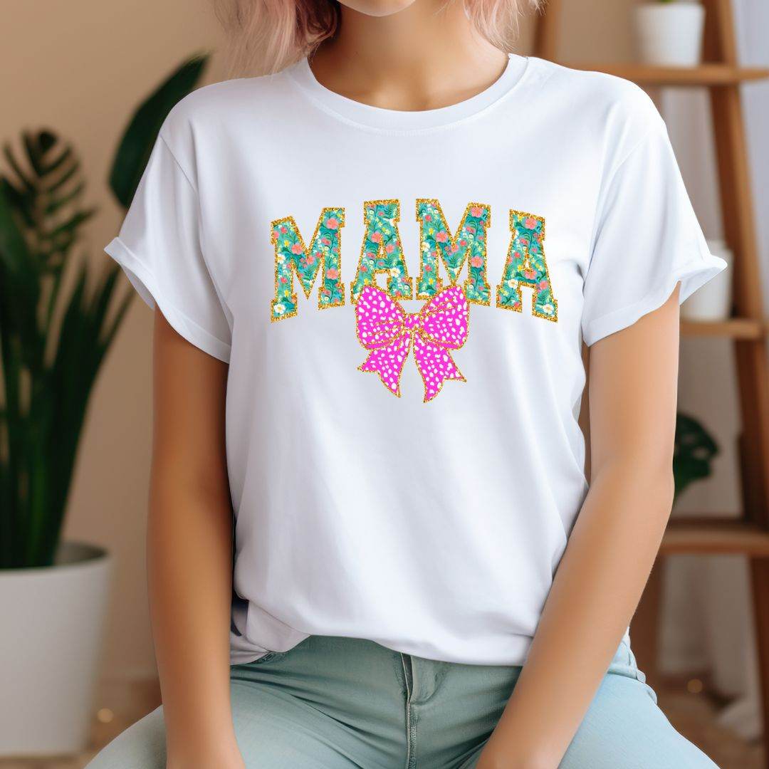 Mama PNG mit floralen Buchstaben & pinker Schleife Bügelbild Druck - Sewando