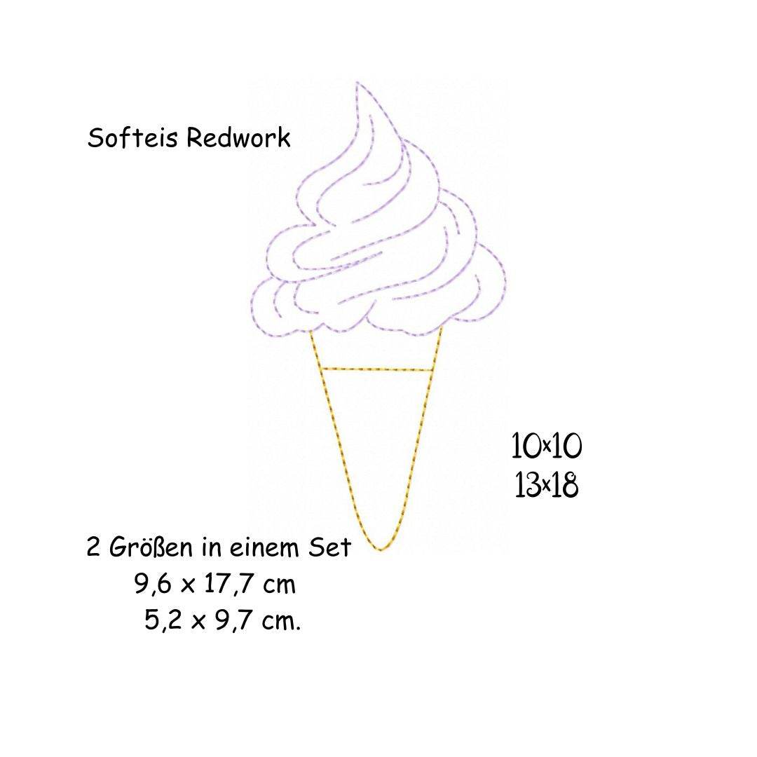 Stickdatei Softeis Redwork 10x10 13x18 Applikation Sommer sticken Sommerzeit - Sewando