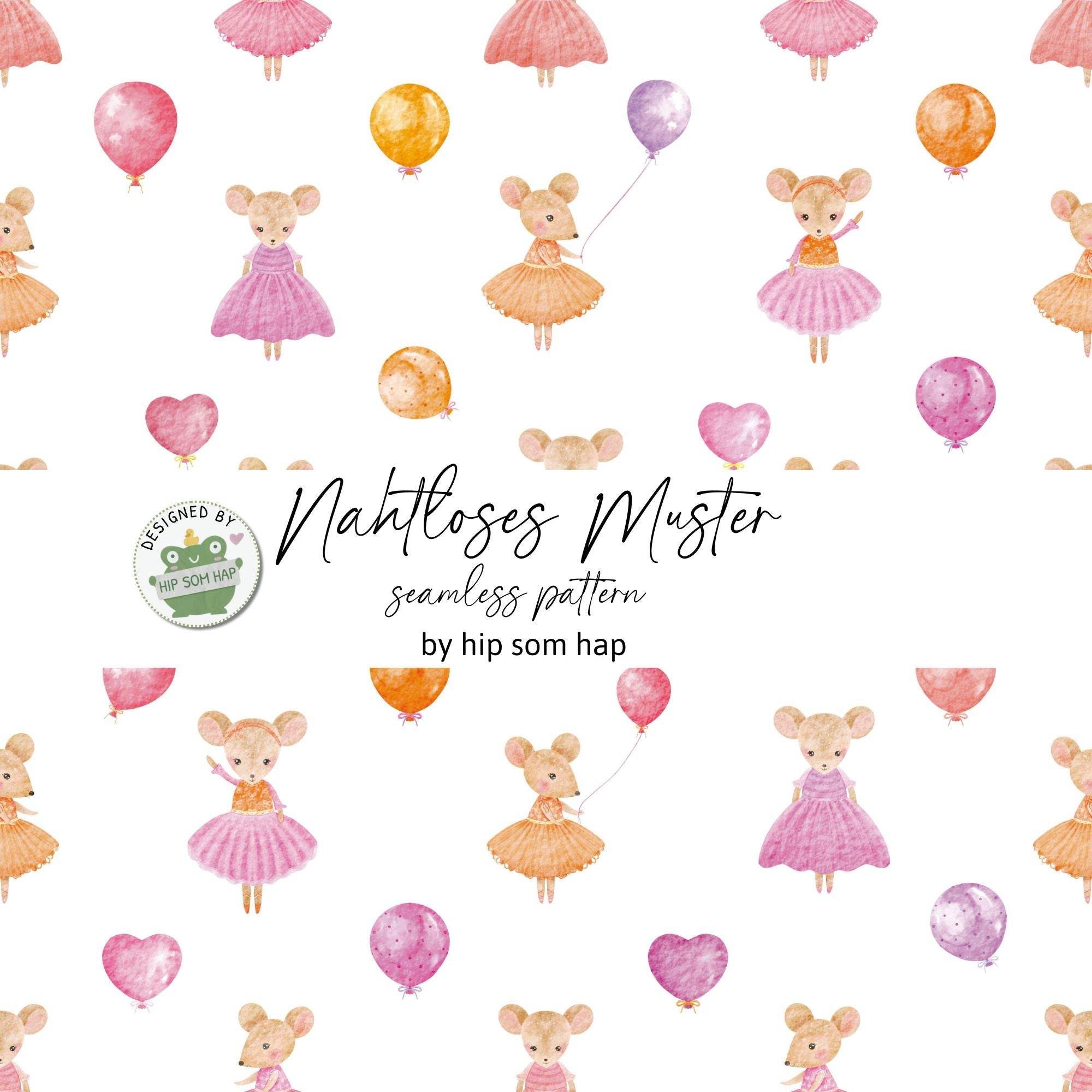 Mäusemädchen weiß – Nahtloses digitales Stoffmuster mit Aquarell-Figuren & Ballons (JPG, 30 x 30 cm, 300 DPI) - Sewando