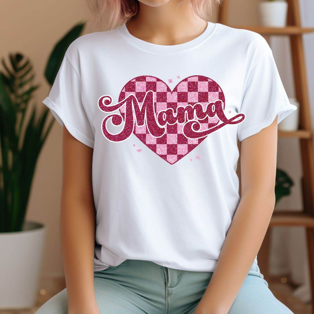 Mama in Glitzer – mit Herz & Checker-Muster in Pink Bügelbild Druck - Sewando