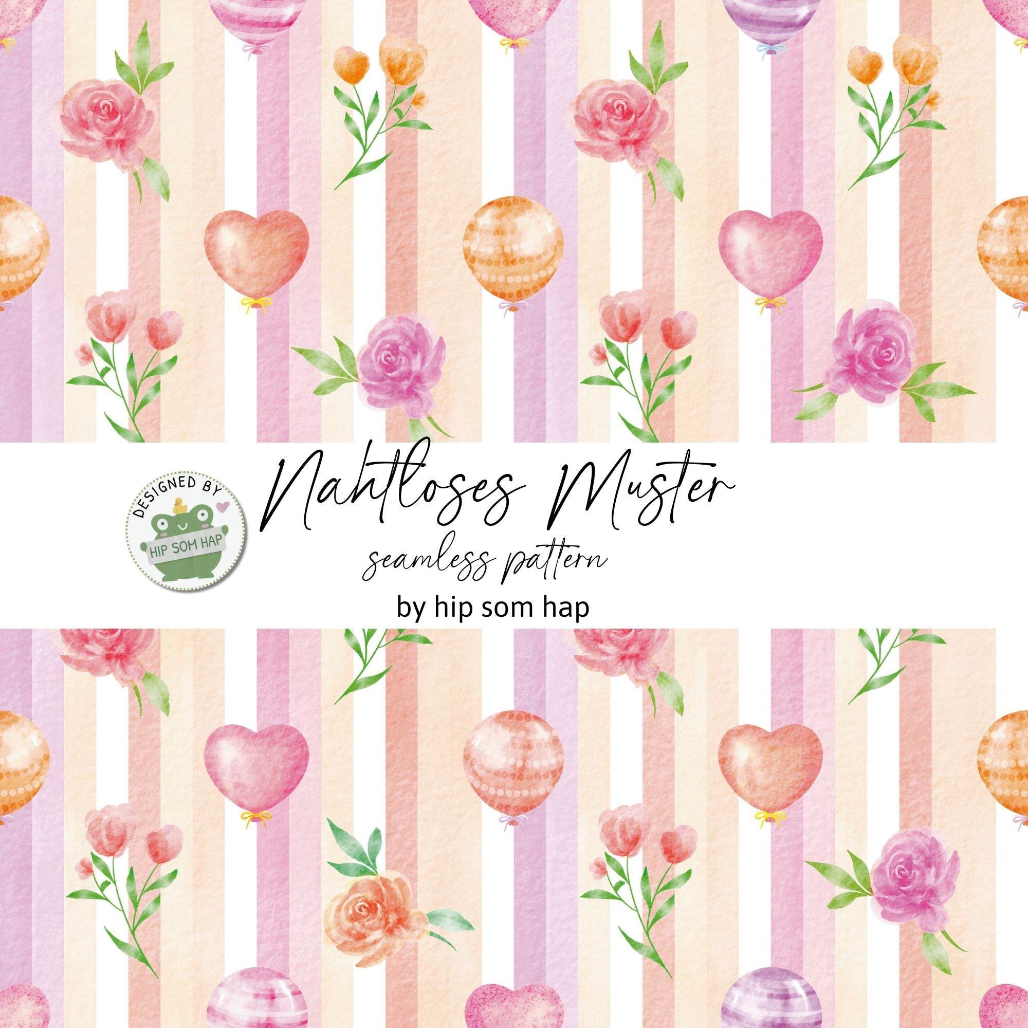 Luftballons Streifen No. 3 – Nahtloses digitales Stoffmuster mit Aquarell-Ballons & Blüten (JPG, 30 x 30 cm, 300 DPI) - Sewando