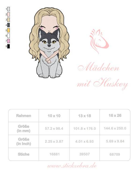 Mädchen mit Husky Stickdatei – emotionales Motiv für Geschenke & Hundeliebhaber - Sewando