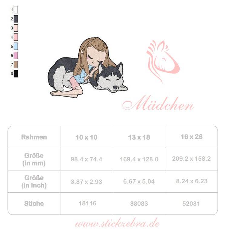 Mädchen mit Husky Stickdatei – emotionales Motiv für Kleidung & Geschenke - Sewando