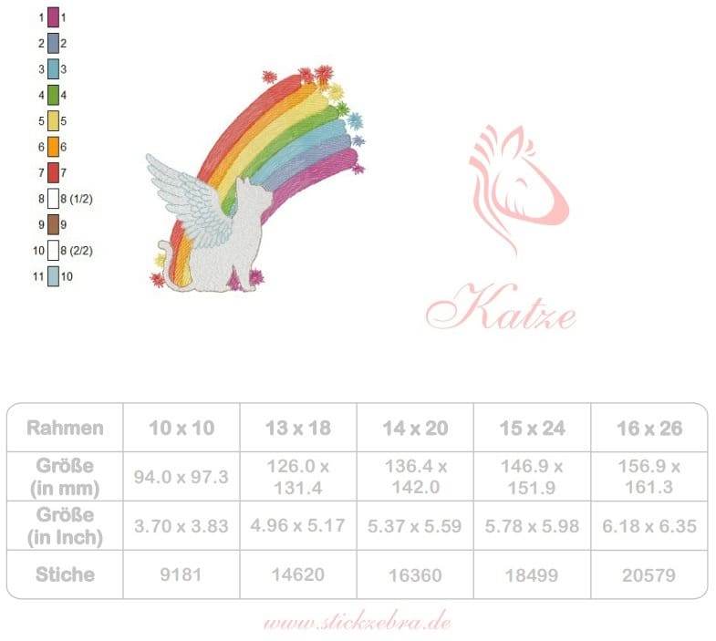 Katze mit Regenbogen Stickdatei – zauberhaftes Himmelsmotiv für Erinnerung & Trost - Sewando