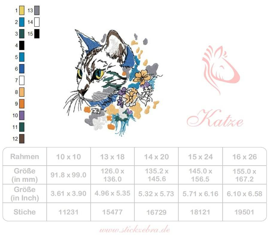 Katzenkopf mit floraler Umrahmung im Doodle-Stil für deine Stickmaschine - Sewando