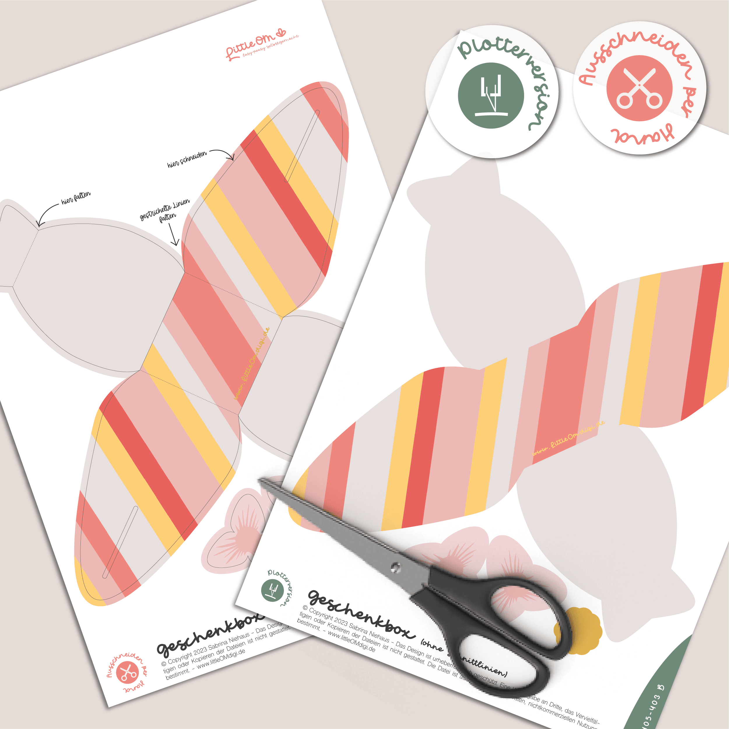 Geschenkbox Streifen rot / rosa / weiß mit Blume - Printable für Schere oder Plotter - Sewando