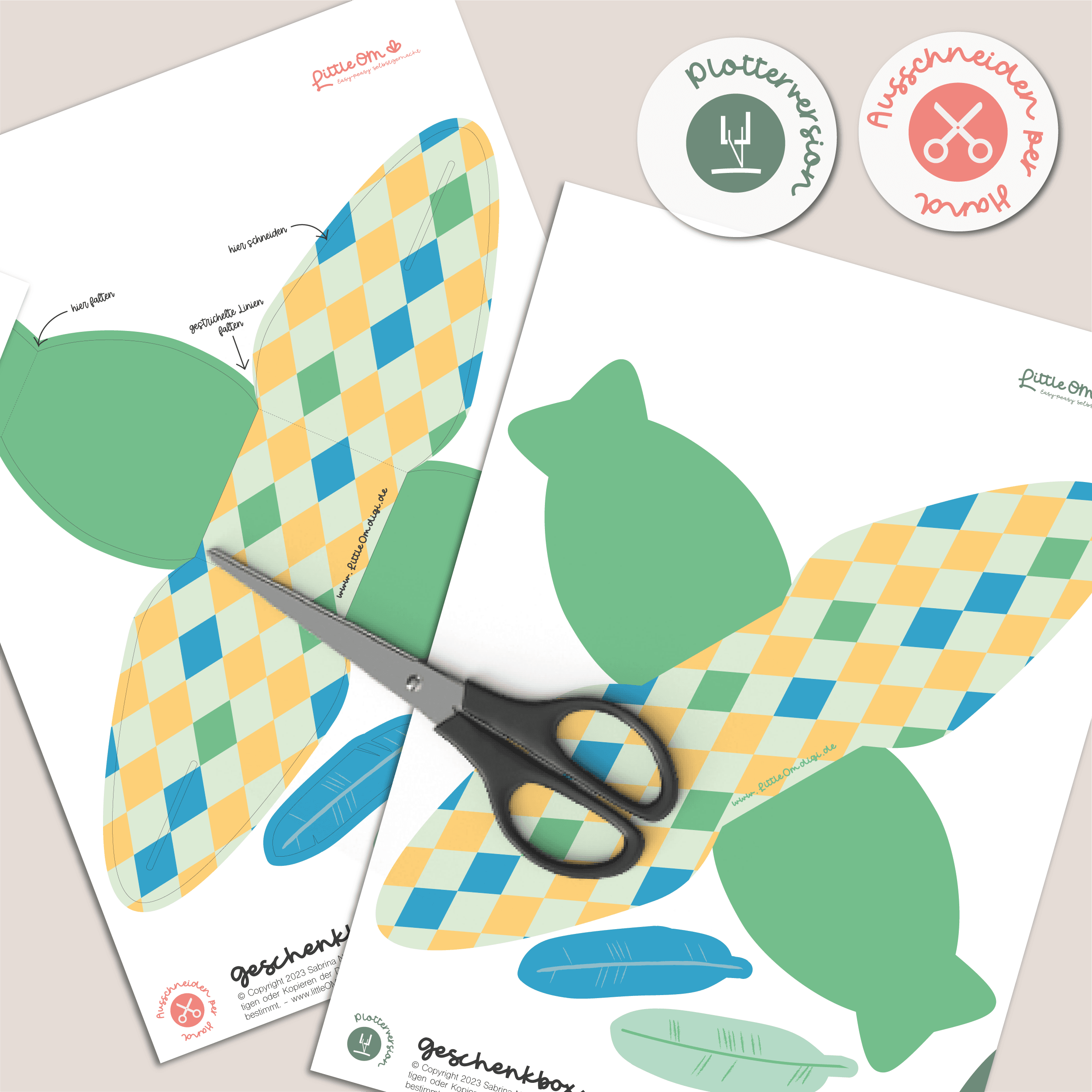 Geschenkbox Ostern Rauten gelb / grün Federn - Printable für Schere oder Plotter - Sewando