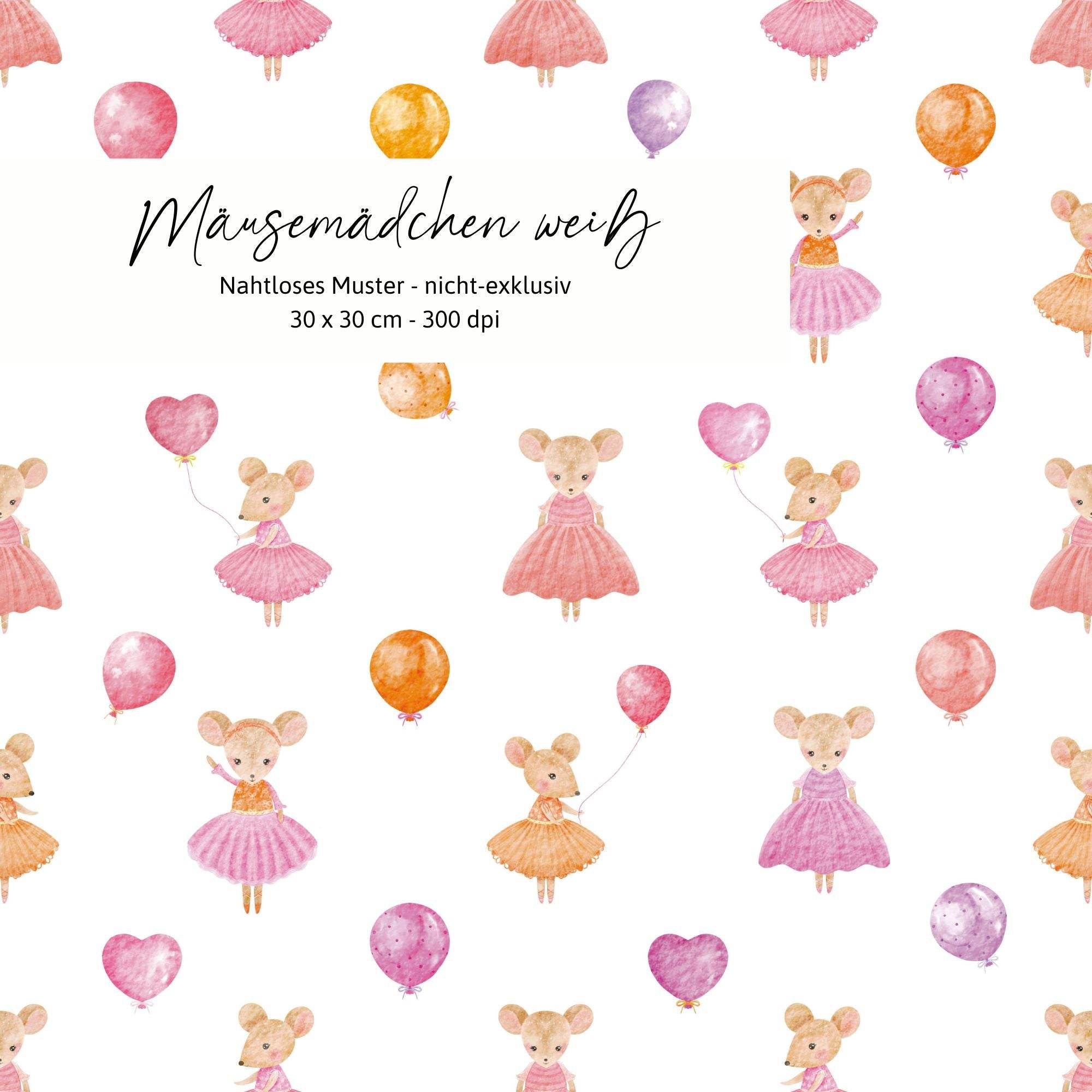 Mäusemädchen weiß – Nahtloses digitales Stoffmuster mit Aquarell-Figuren & Ballons (JPG, 30 x 30 cm, 300 DPI) - Sewando