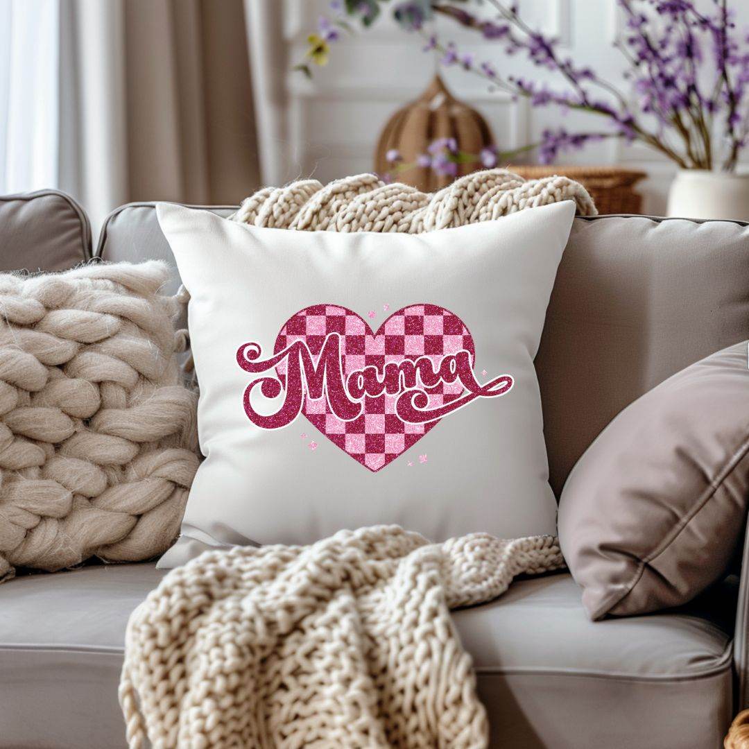Mama in Glitzer – mit Herz & Checker-Muster in Pink Bügelbild Druck - Sewando