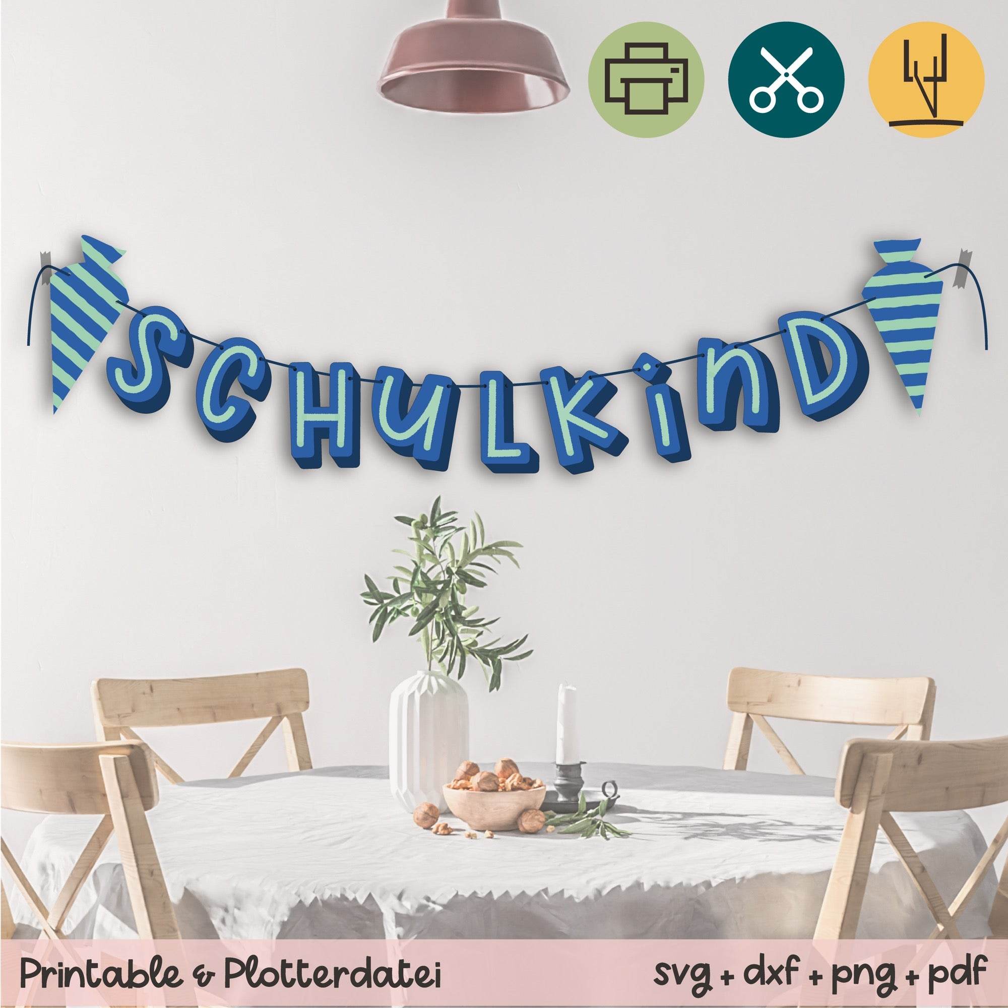 Girlande Schulkind blau - Printable (für Schere oder Plotter) - Sewando