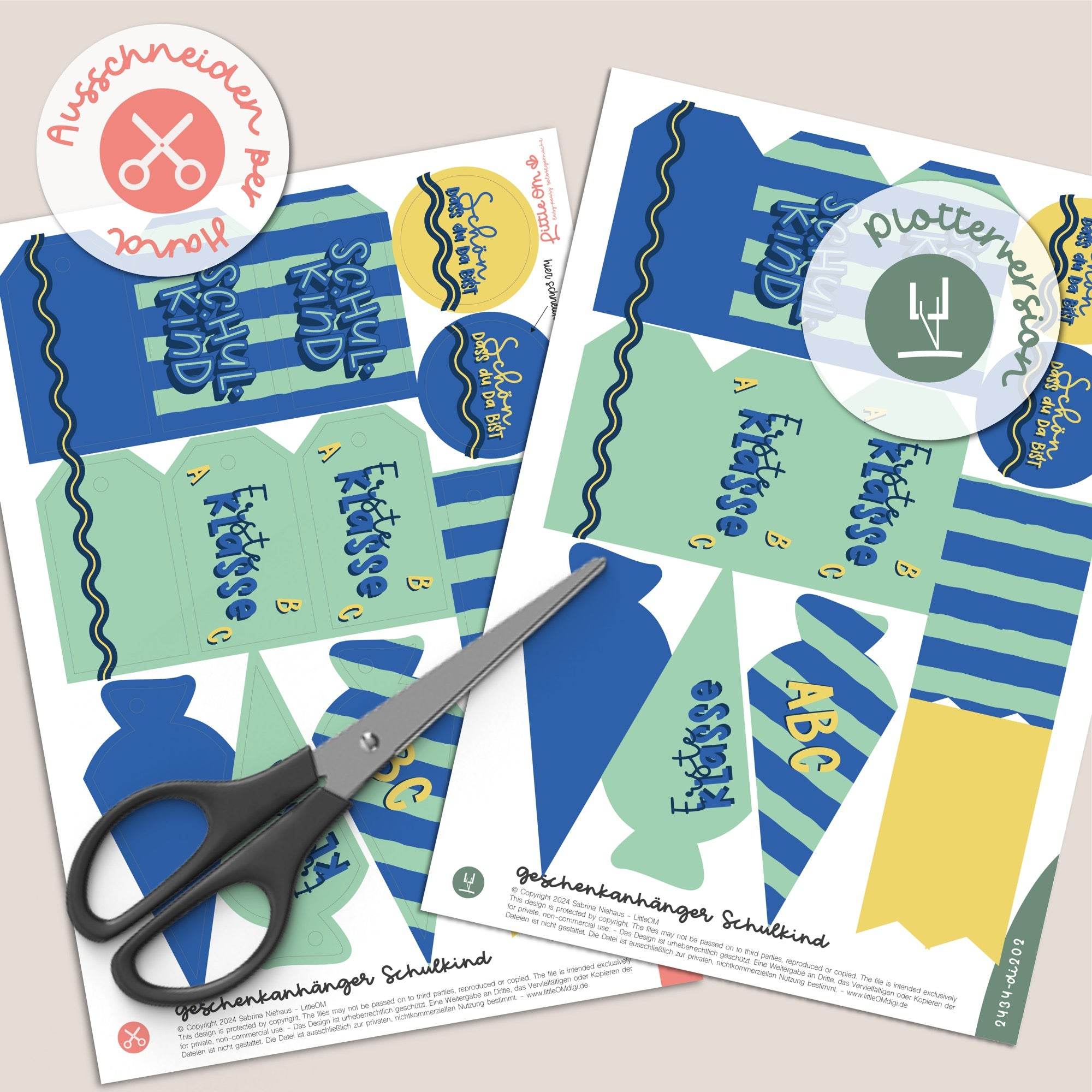 Geschenkanhänger Schulkind / 1. Klasse blau - Printable (Schere oder Plotter) - Sewando