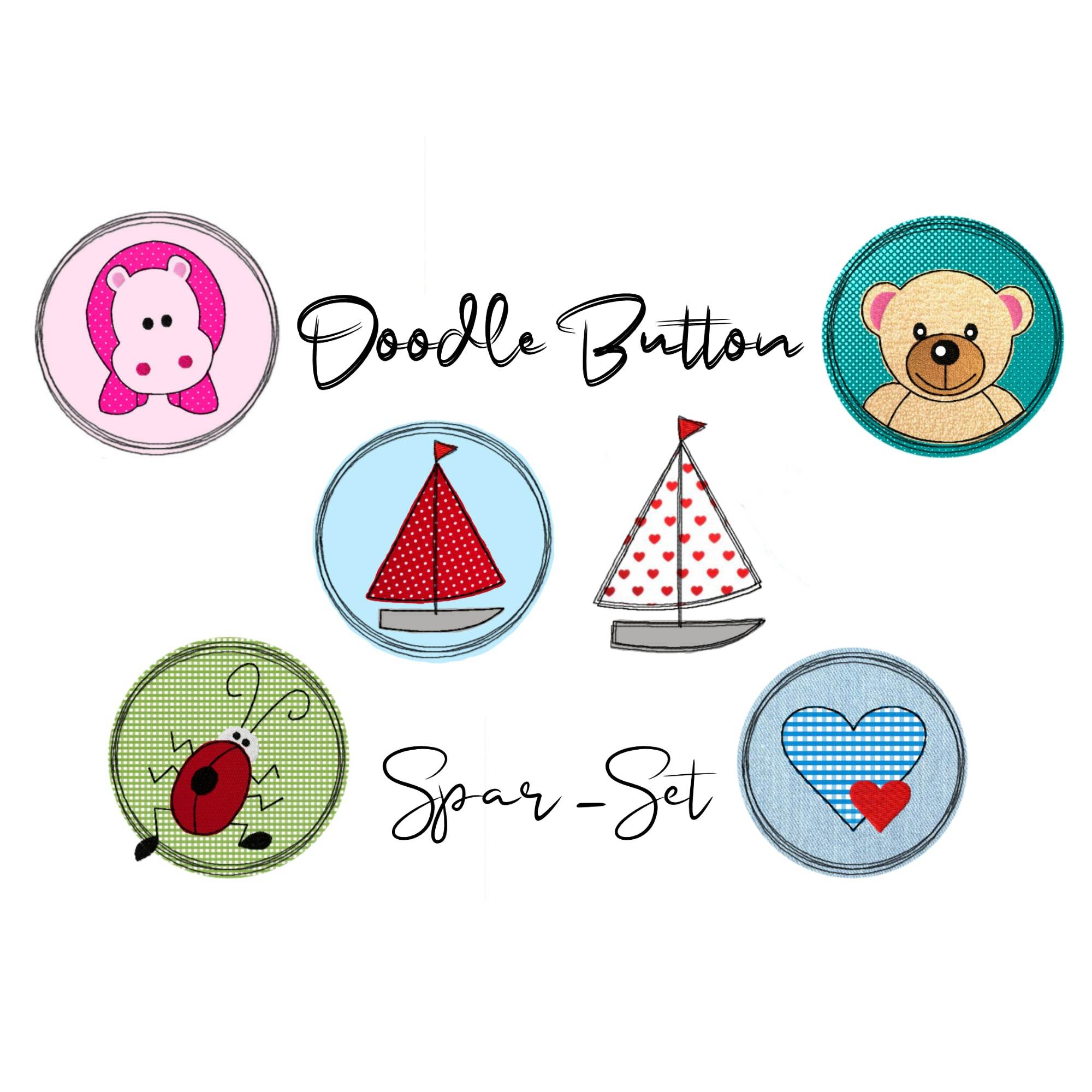 Stickdatei Doodle Button Spar-Set - Rahmen ab 10 cm x 10 cm, Herz, Boot, Bär, Nilpferd, Käfer, Applikation, Aufnäher - Sewando