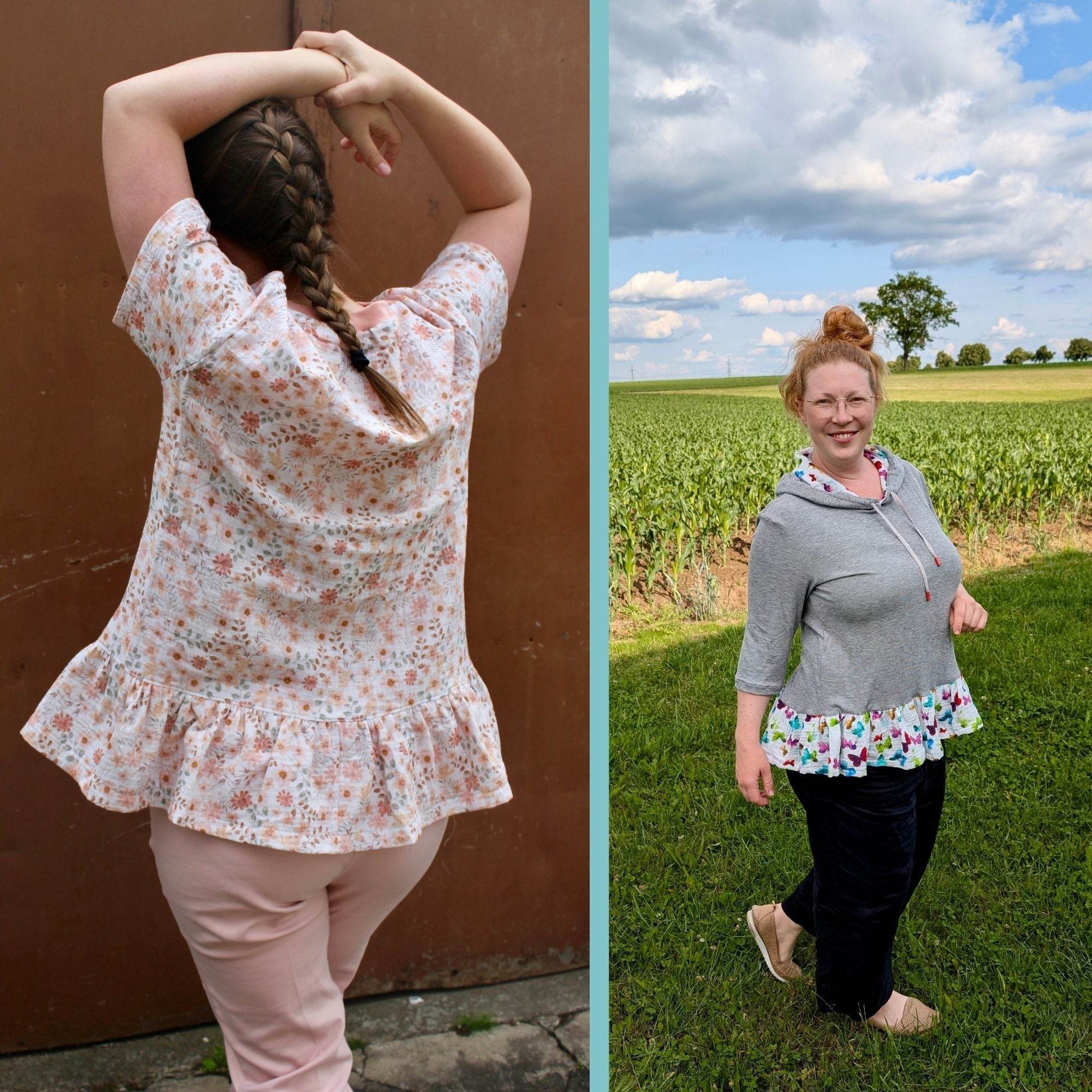 Sparpaket Schnittmuster Kelda Kapuzenpulli für Mädchen und Damen Gr 98- 134 und 32–48 - Sewando