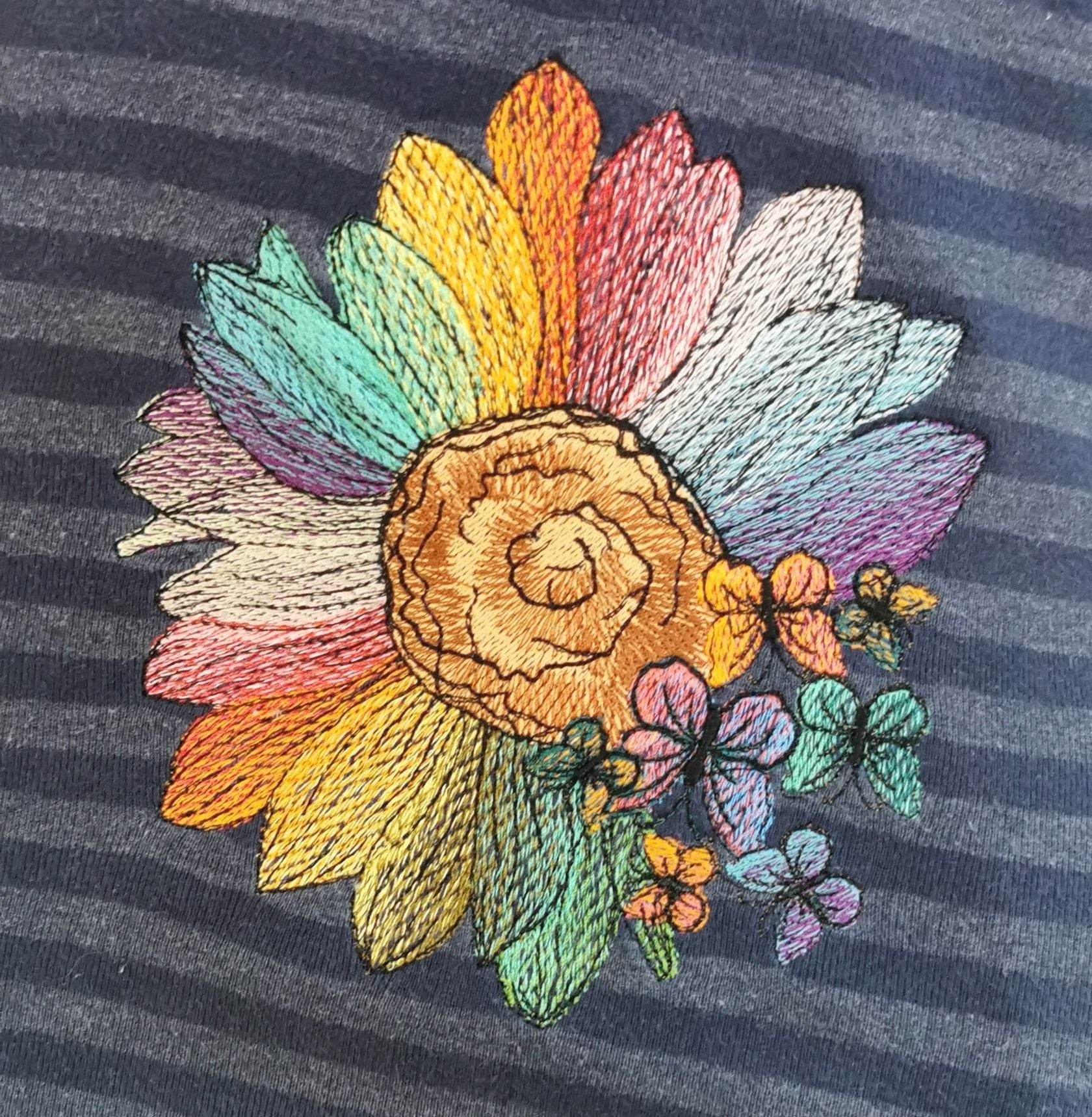 Sonnenblume Stickdatei – die Regenbogen Blütenpracht für deine Stickmaschine - Sewando
