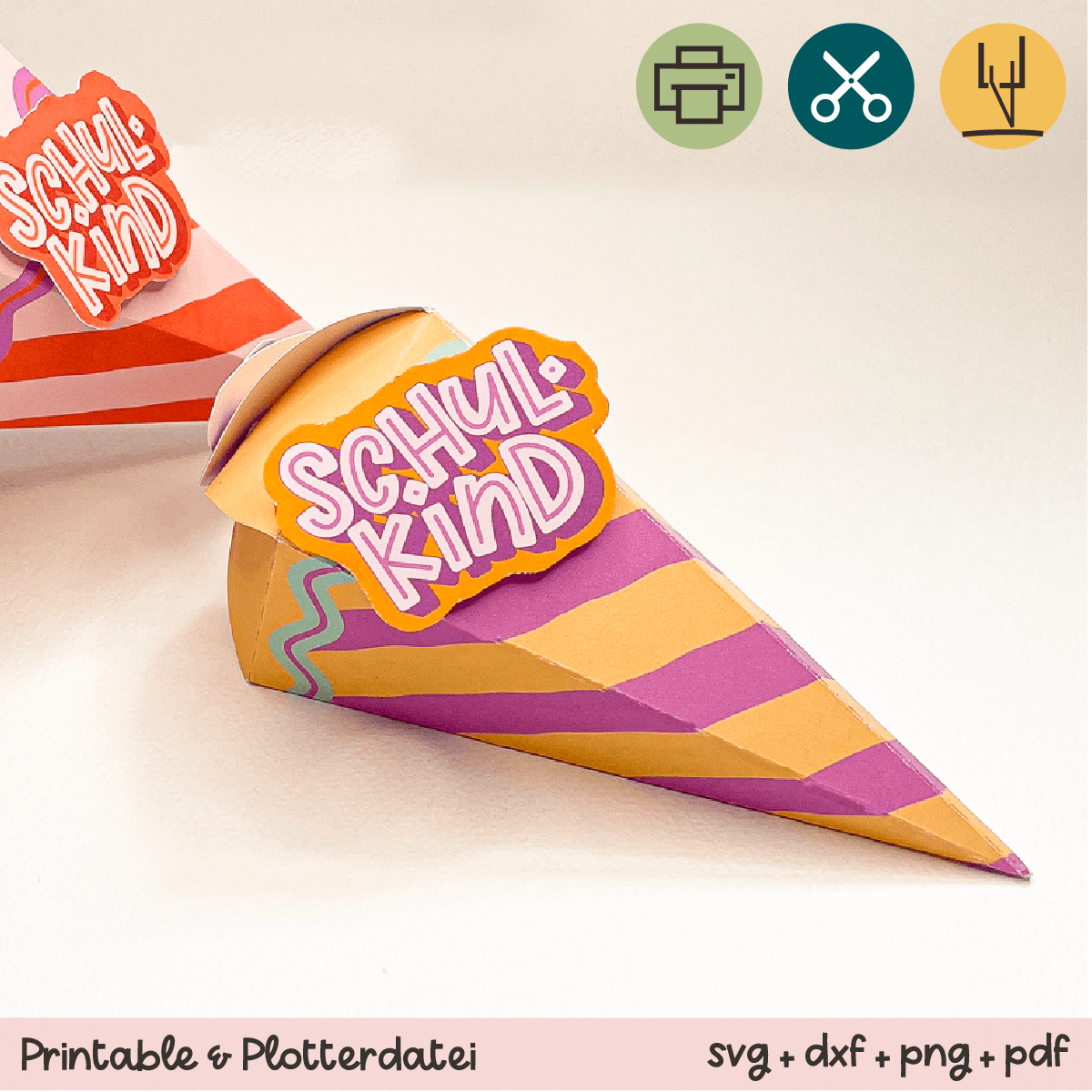 Mini-Schultüte Schulkind lila / orange - Printable für Schere oder Plotter - Sewando