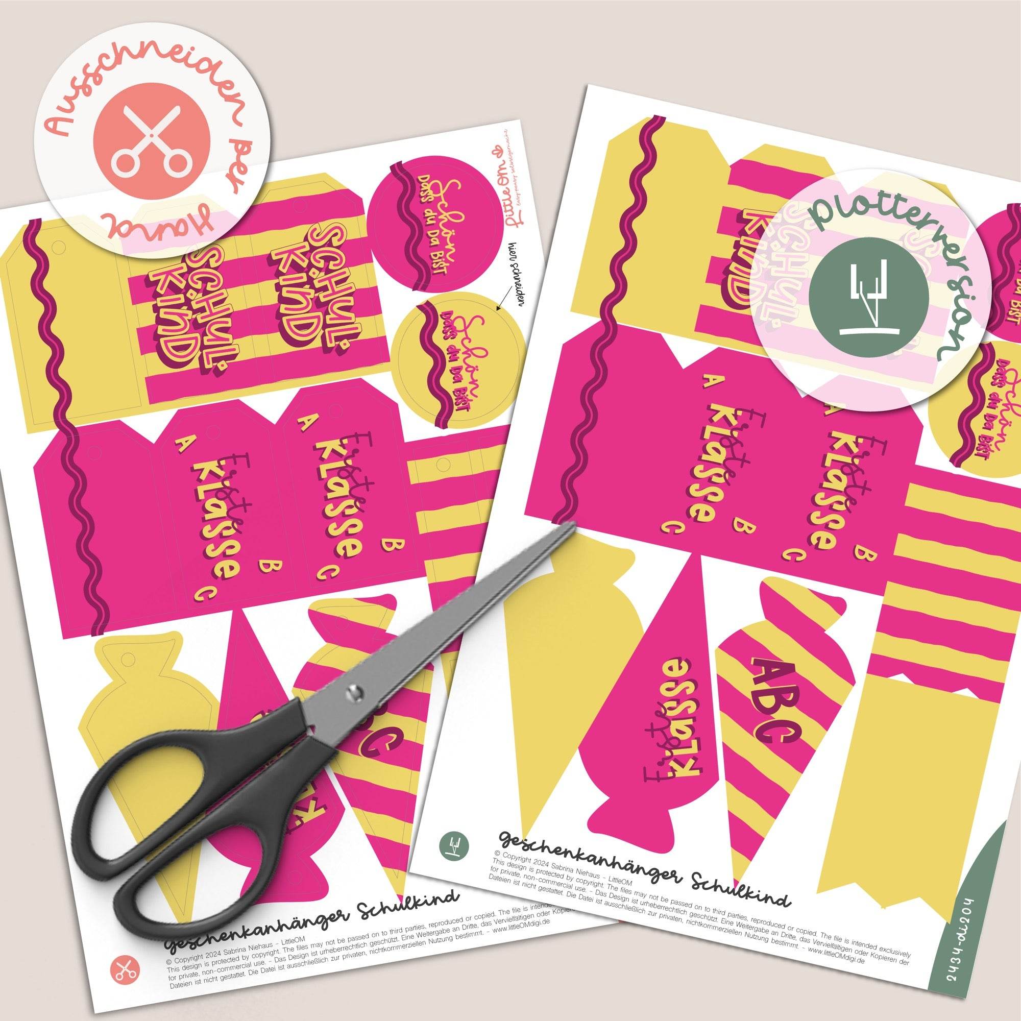 Geschenkanhänger Schulkind / 1. Klasse gelb / pink - Printable (Schere oder Plotter) - Sewando