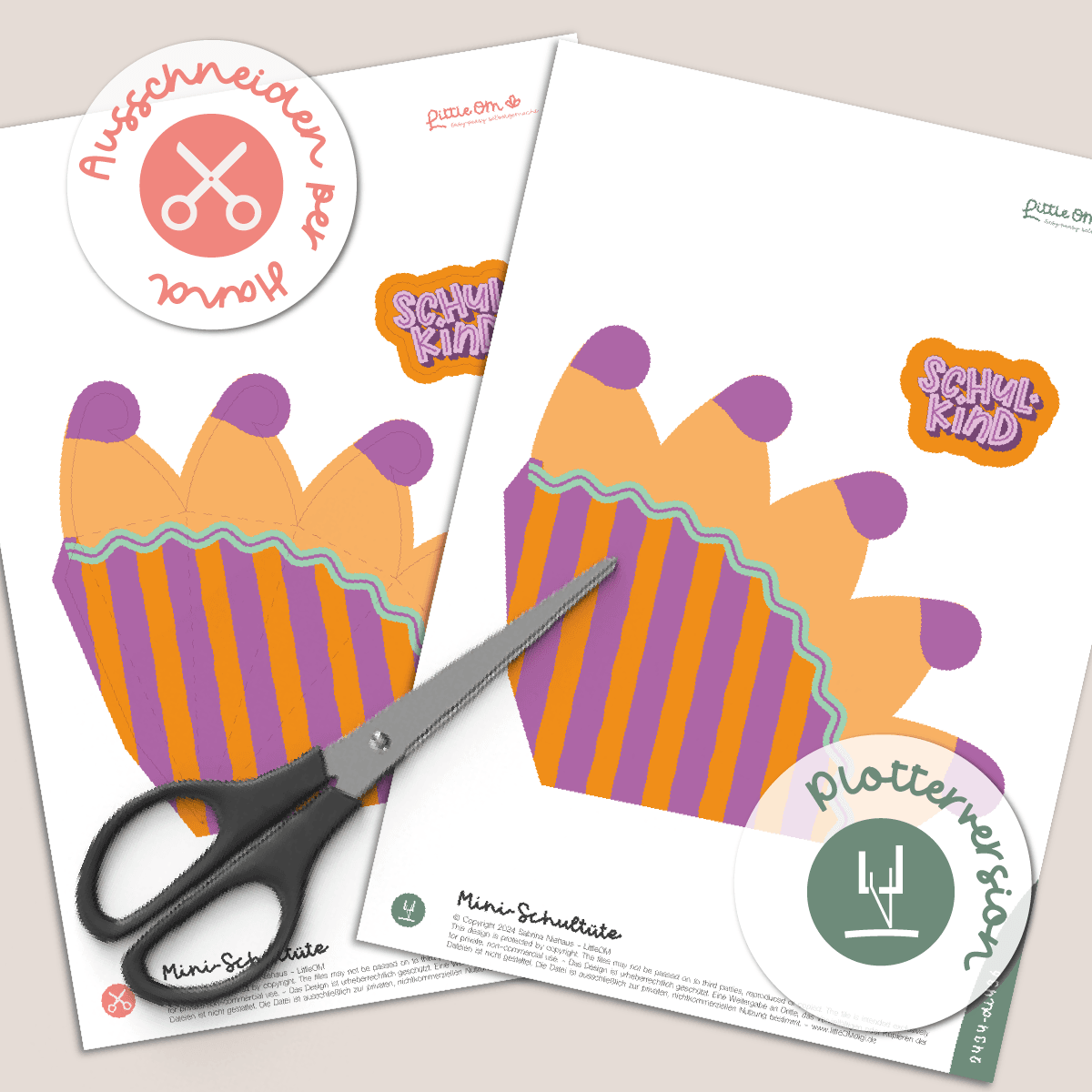 Mini-Schultüte Schulkind lila / orange - Printable für Schere oder Plotter - Sewando