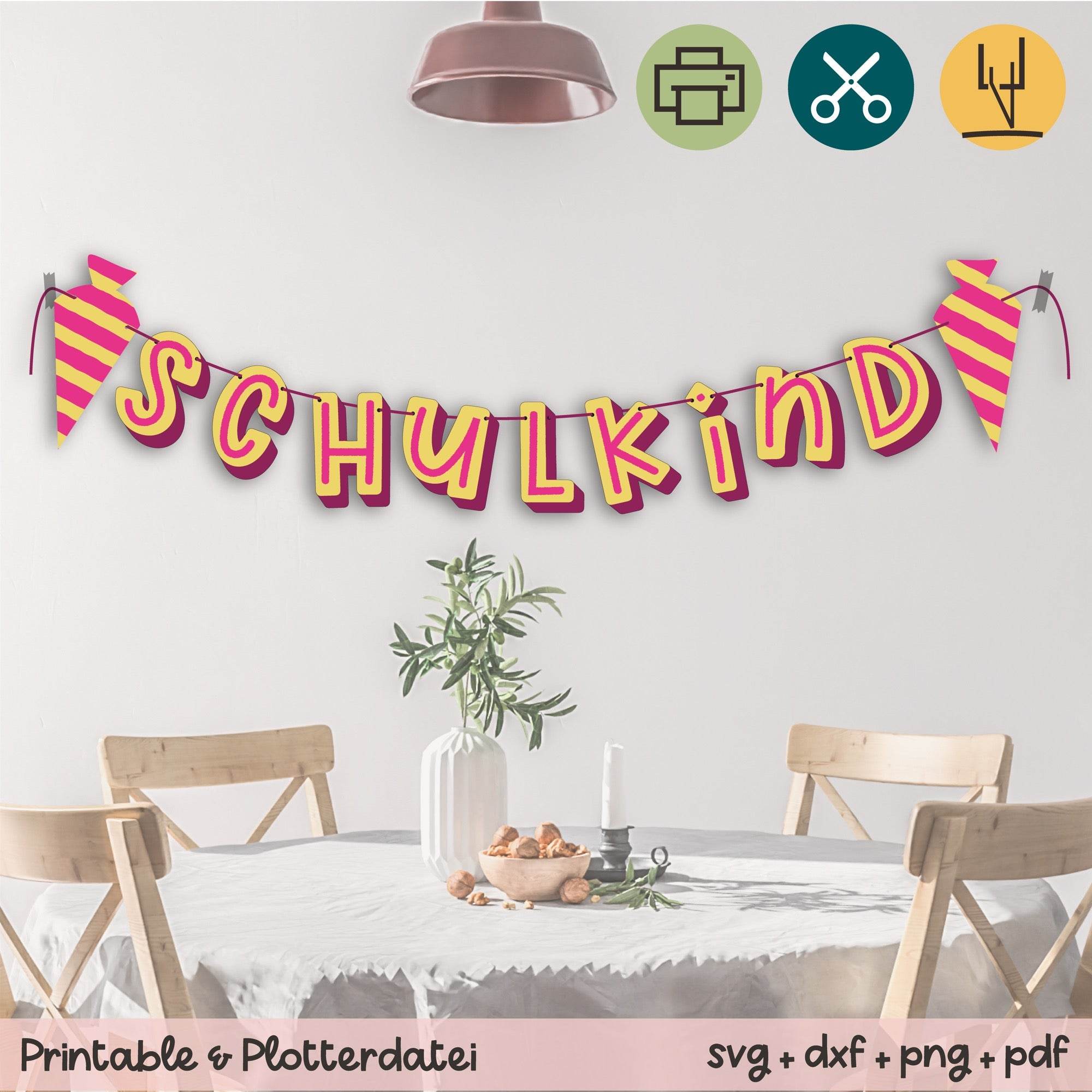 Girlande Schulkind pink / gelb - Printable (Schere oder Plotter) - Sewando