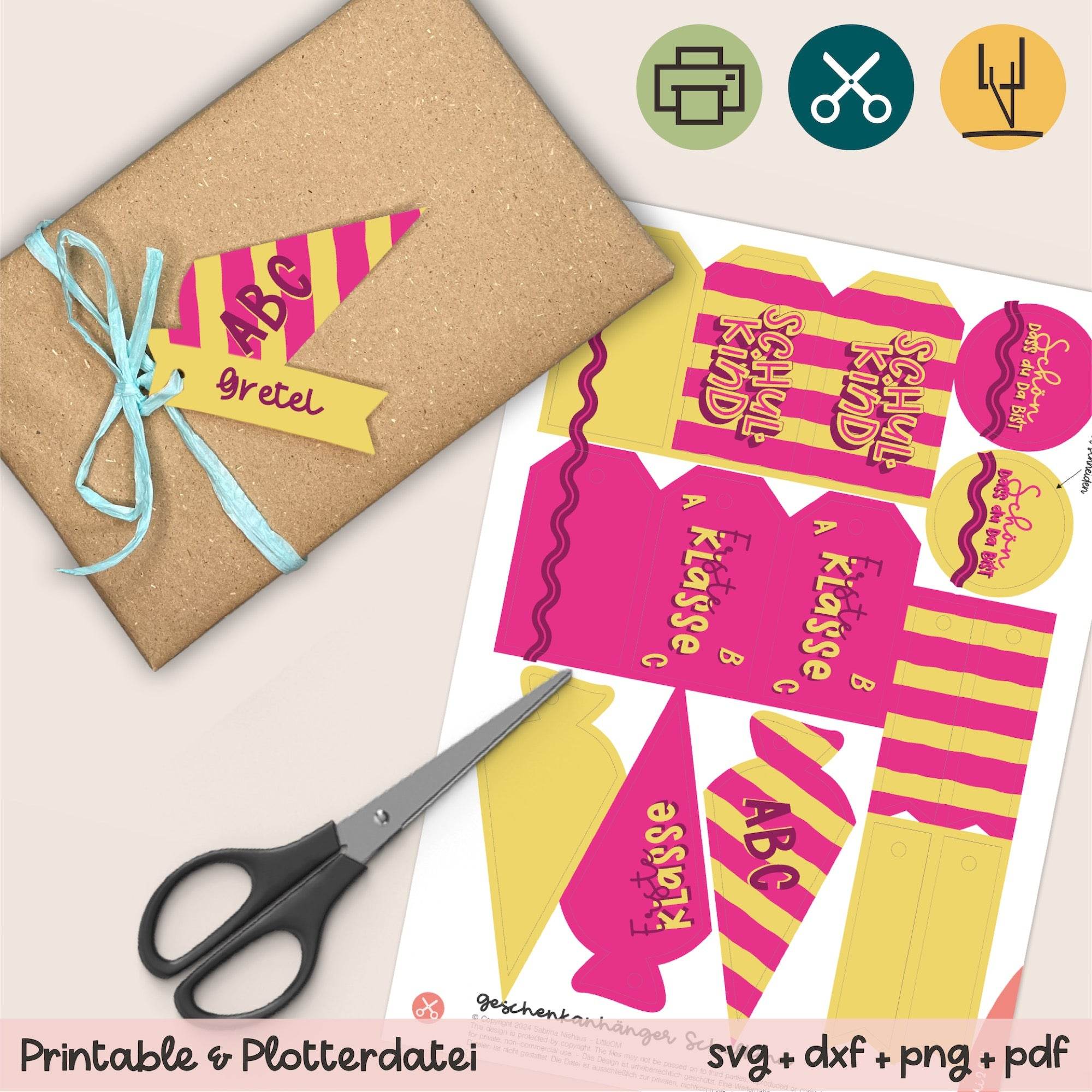 Geschenkanhänger Schulkind / 1. Klasse gelb / pink - Printable (Schere oder Plotter) - Sewando