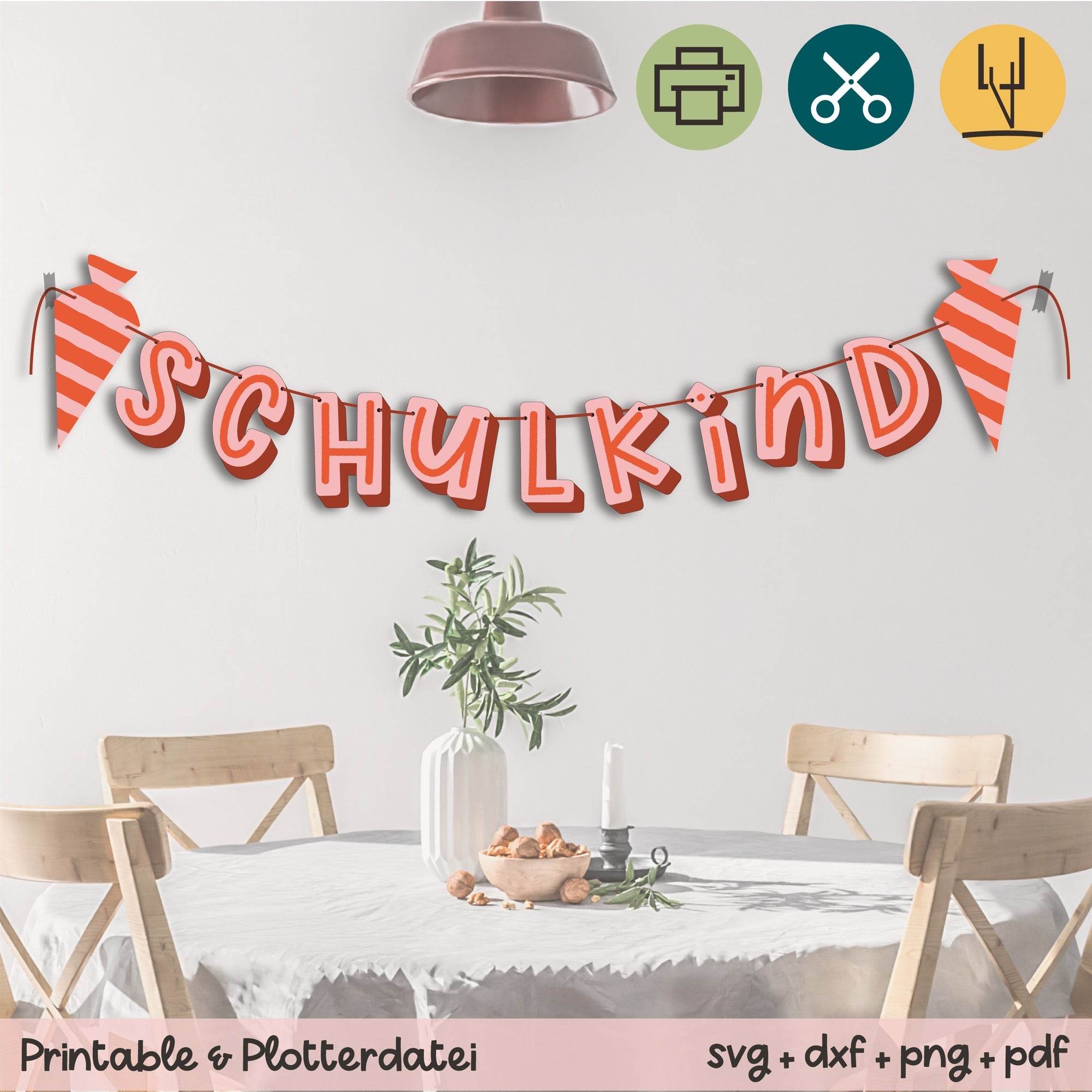Girlande Schulkind rot / rosa - Printable (Schere oder Plotter) - Sewando