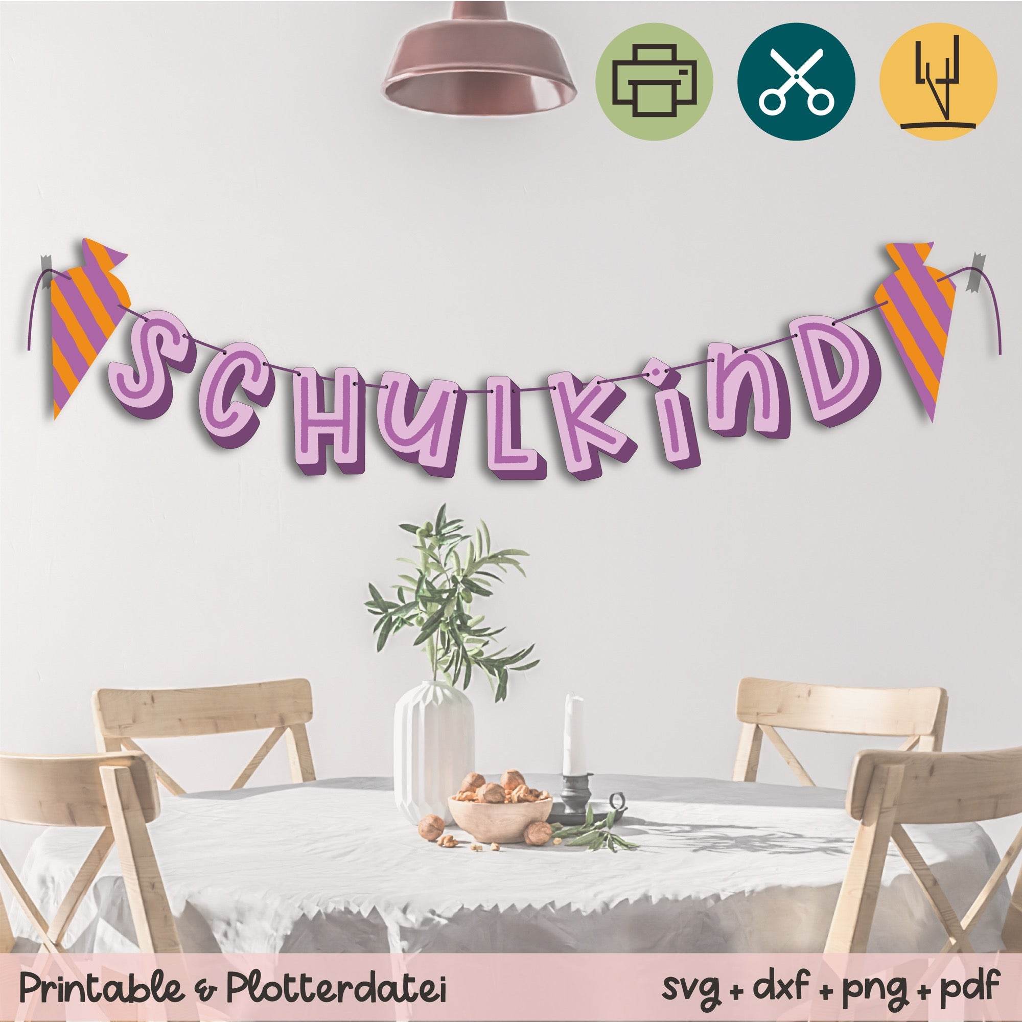 Girlande Schulkind lila / orange - Printable (Schere oder Plotter) - Sewando