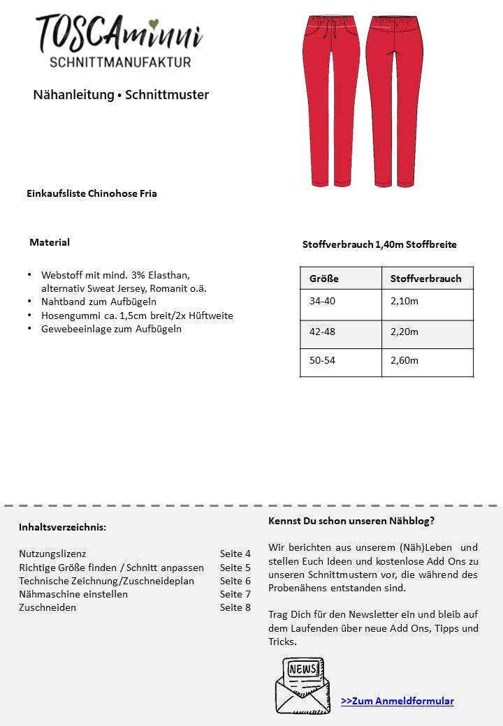 Schnittmuster Damen Chino Hose Fria Gr. 34-54 - A4-/Großformatdatei - Sewando