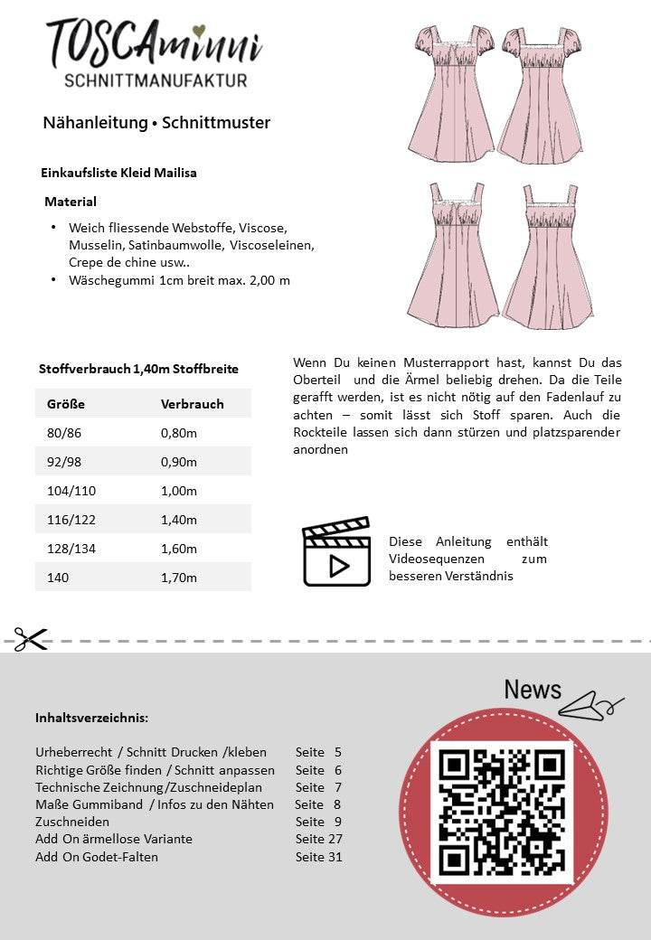 Schnittmuster Kinder Kleid Mailisa minni Gr. 80-140 - Sewando