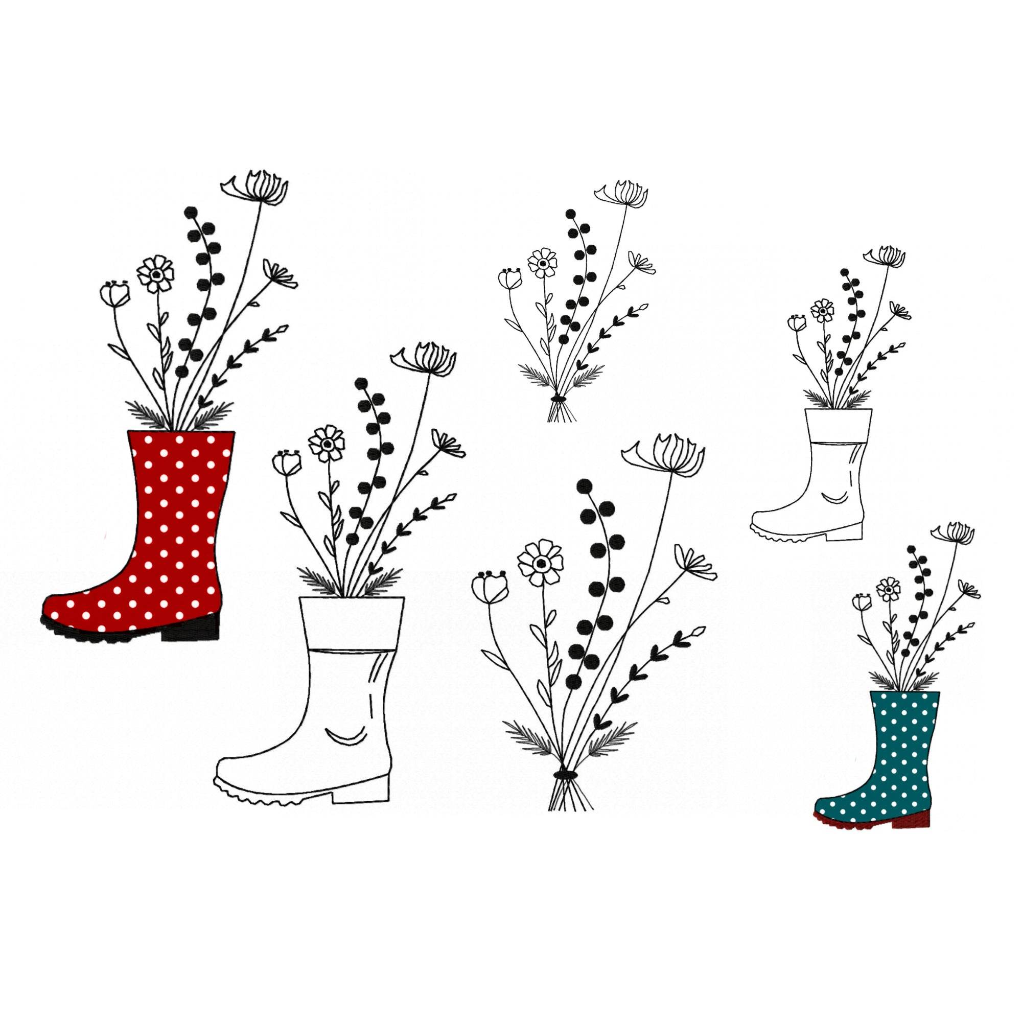 Stickdatei Blumen im Stiefel, LineArt, Redwork, 2 Größen, 6 Dateien, 10x10 cm und 13x18cm - Sewando