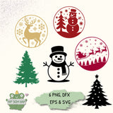 Weihnachts-Plotterdateien Set mit 6 klassischen Motiven: Rentier, Schneemann, Weihnachtsbaum und Schlitten. Ideal für Cricut, Silhouette, Lasergravur und DIY-Projekte. Enthalten sind PNG, DXF, EPS und SVG Dateien.