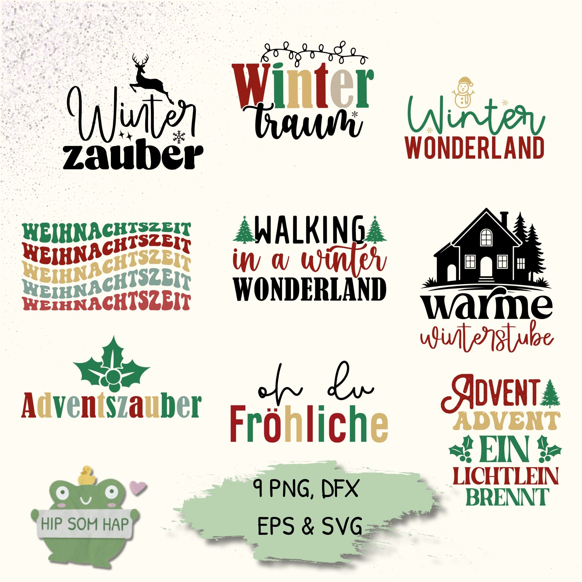 Weihnachts-Plotterdateien Set mit 9 Motiven und Schriftzügen wie Winterzauber, Adventszauber und Winter Wonderland. Enthalten sind PNG, DXF, EPS und SVG Dateien – geeignet für Cricut, Silhouette und DIY-Projekte.