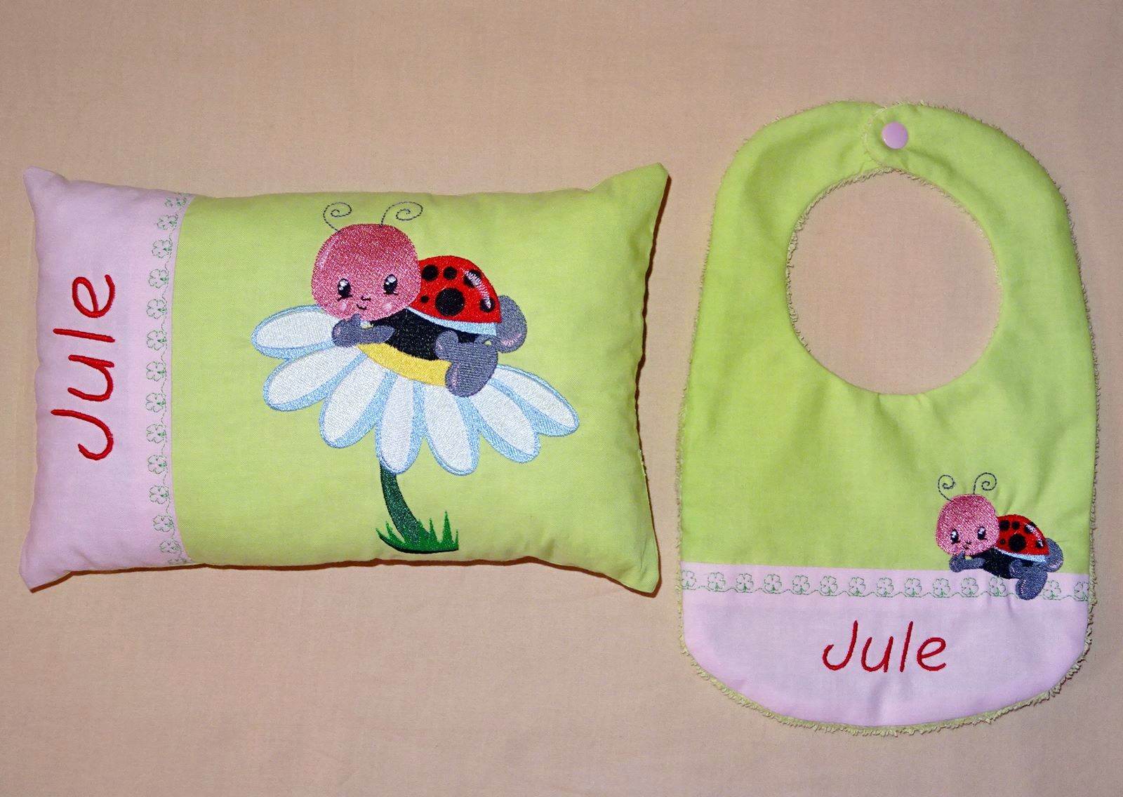Stickdatei - Kaefer Marienkaefer auf Blume Kissen und Laetzchen SET ITH - Sewando