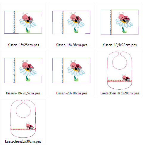 Stickdatei - Kaefer Marienkaefer auf Blume Kissen und Laetzchen SET ITH - Sewando
