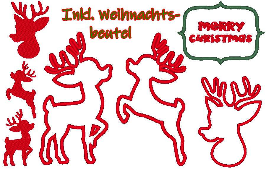 Hirsch Reh Weihnachten Stickdatei inkl. Säckchen Dateien - Sewando