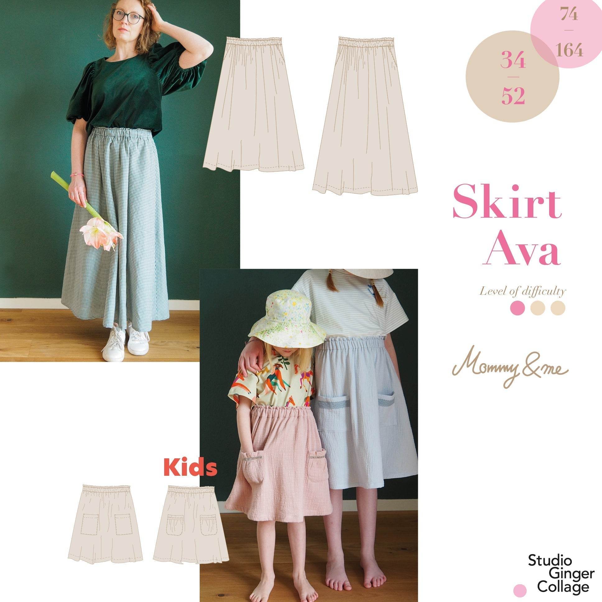 Kids Ava Skirt Ladies sizes 34 - 52 and Kids sizes 74/80 - 158/164 sewing pattern and instructions - Sewando