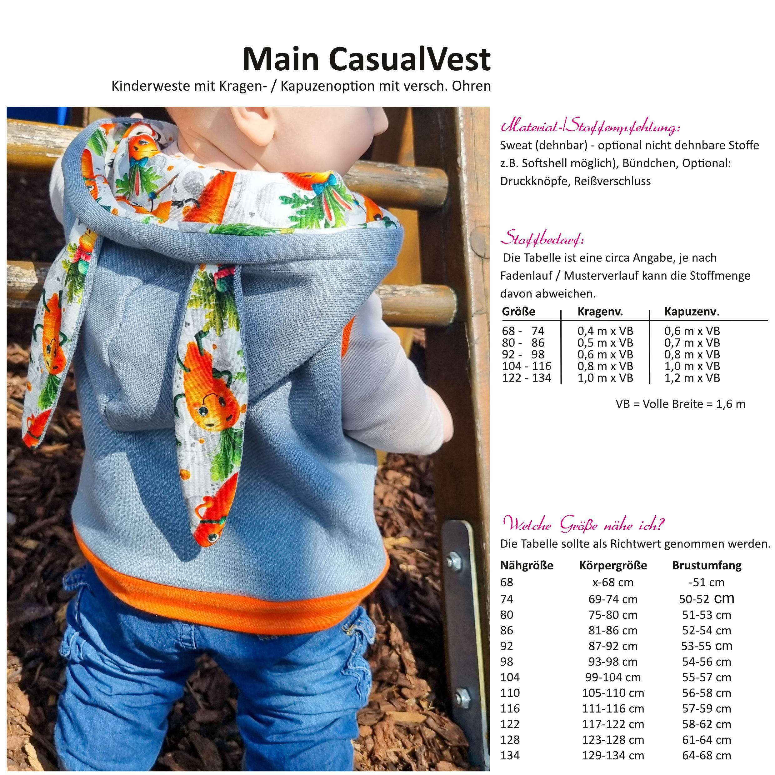 Main CasualVest - Kinderweste mit Kragen / Kapuze und Ohrenoption - Gr. 68-134 - Sewando