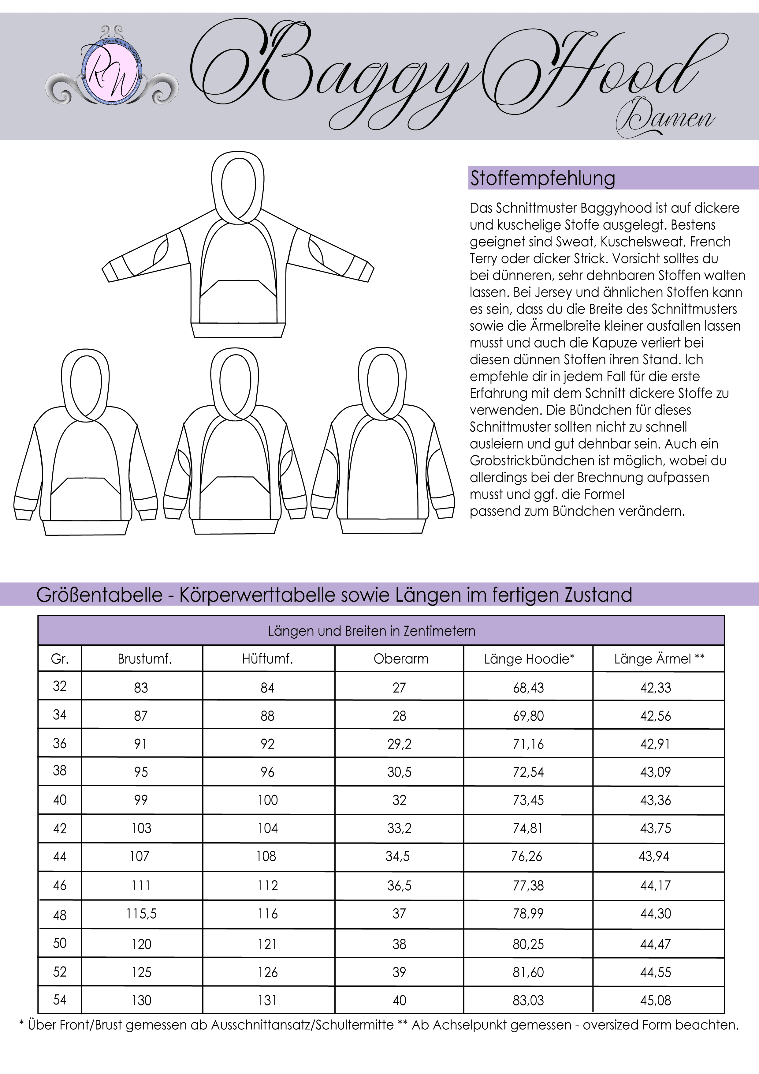 Schnittmuster Baggyhood Gr. 32 bis 54 - Sewando