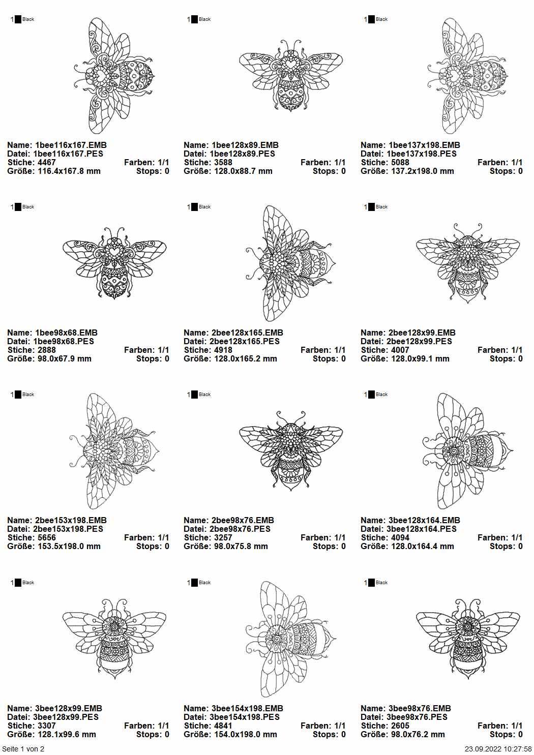 Stickdatei Set 4 Bienen sommerliche Linart Stickerei - Sewando