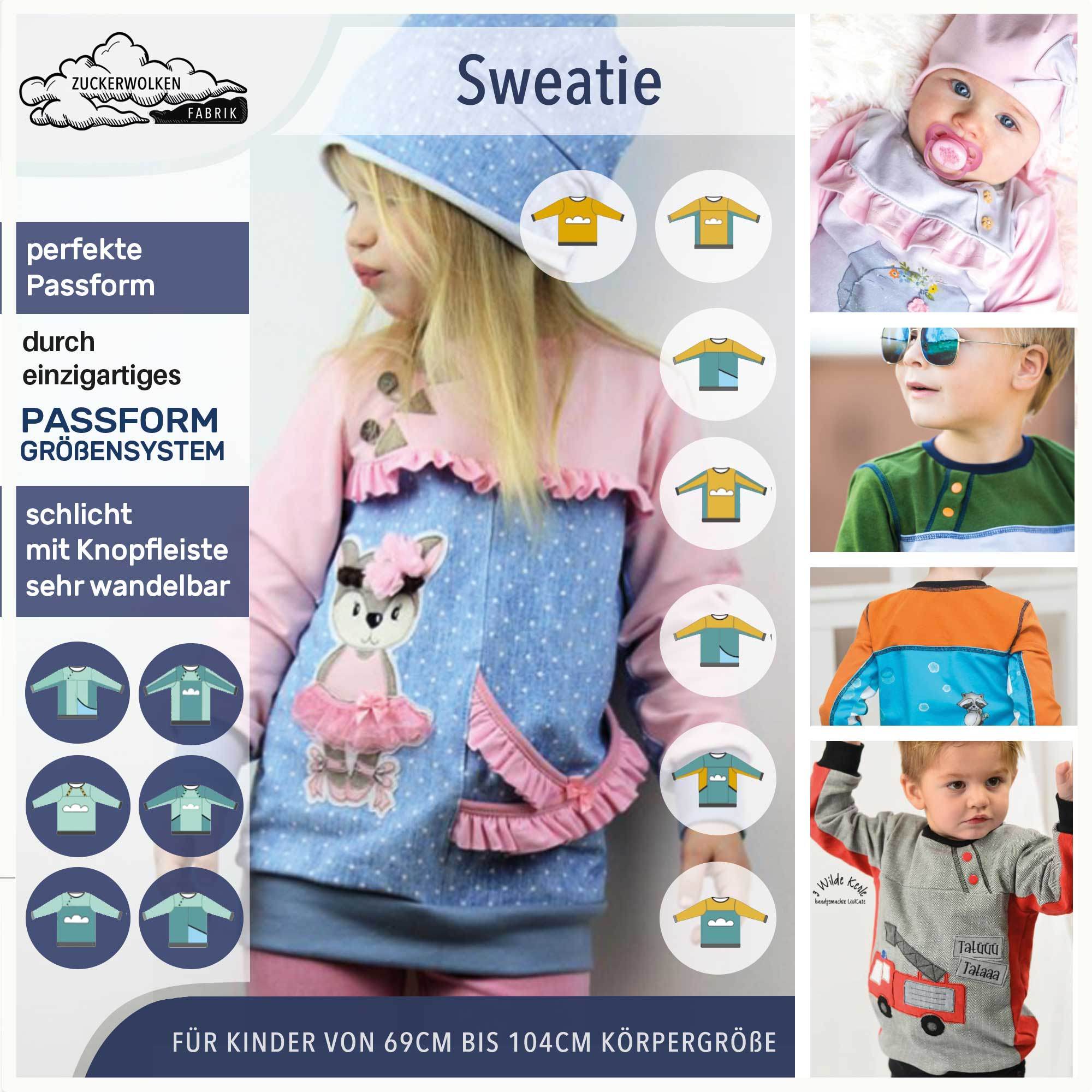 Mini Sweatie mit coolen Teilungen und Taschen für 69cm-104cm Körpergröße - Sewando