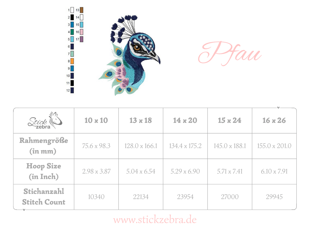 Eleganter Pfau mit floralen Akzenten – Stickdatei für deine Stickmaschine - Sewando