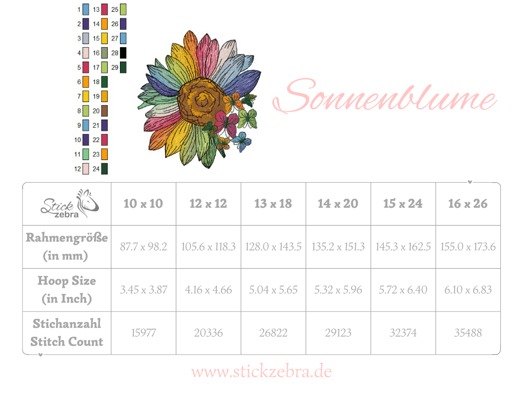 Sonnenblume Stickdatei – die Regenbogen Blütenpracht für deine Stickmaschine - Sewando