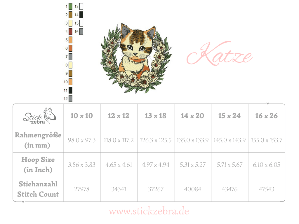 Katze Stickdatei – süßes Kätzchen im Gänseblümchenkranz für deine Stickmaschine - Sewando